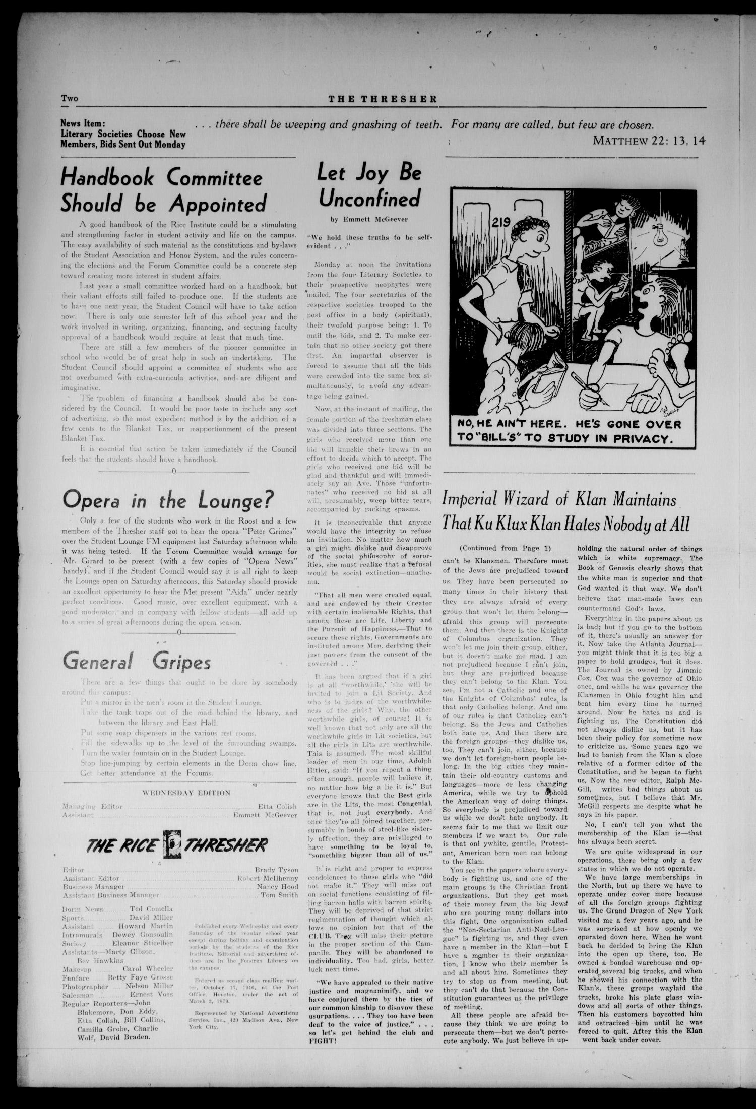 The Rice Thresher (Houston, Tex.), Vol. 36, No. 34, Ed. 1 Wednesday, February 16, 1949
                                                
                                                    [Sequence #]: 2 of 4
                                                
