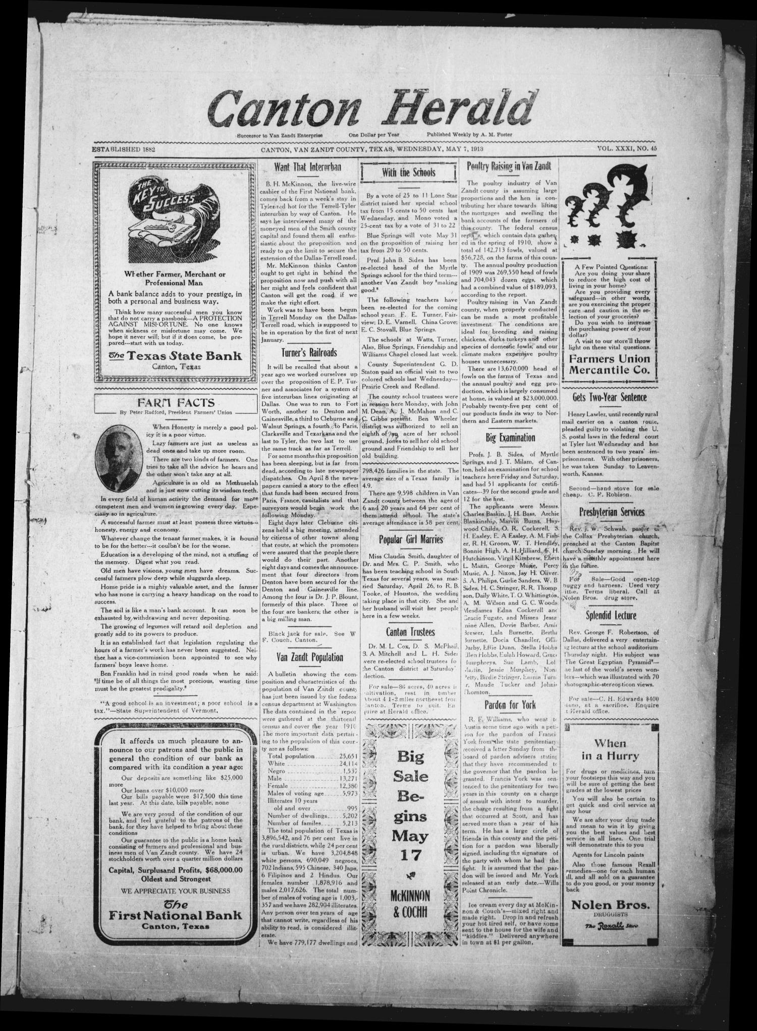 Canton Herald (Canton, Tex.), Vol. 31, No. 45, Ed. 1 Wednesday, May 7, 1913
                                                
                                                    [Sequence #]: 1 of 8
                                                