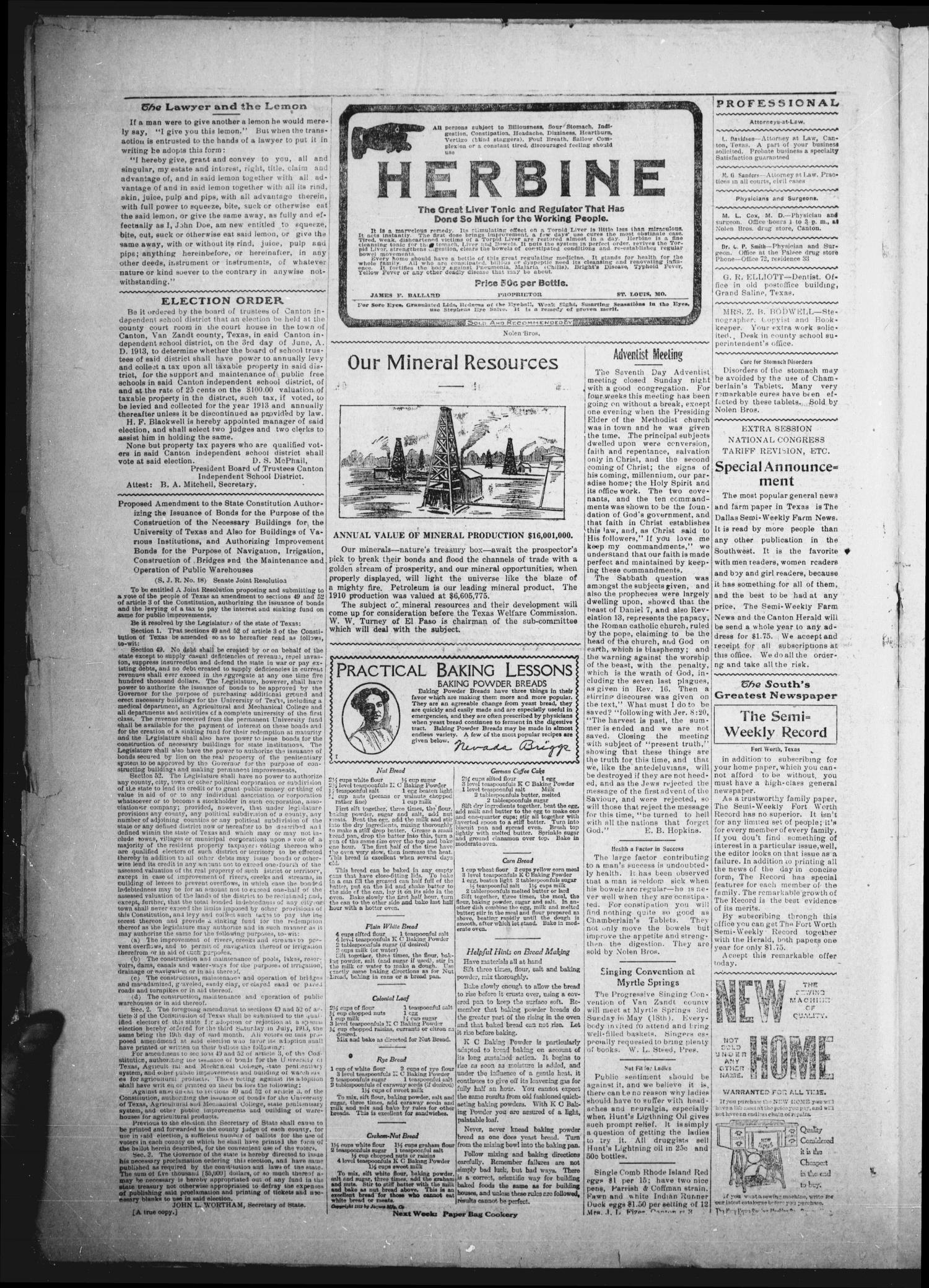 Canton Herald (Canton, Tex.), Vol. 31, No. 45, Ed. 1 Wednesday, May 7, 1913
                                                
                                                    [Sequence #]: 4 of 8
                                                