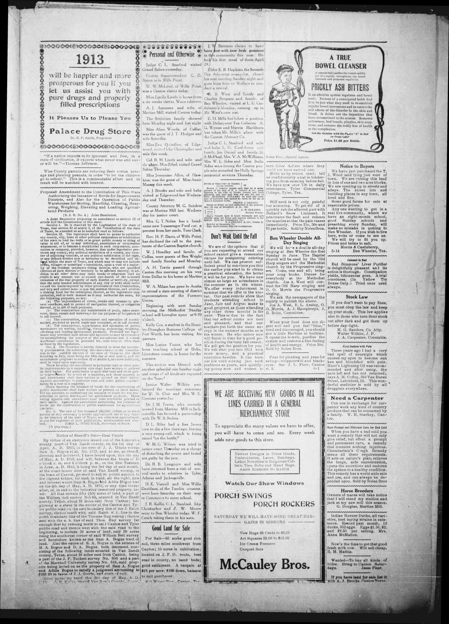 Canton Herald (Canton, Tex.), Vol. 31, No. 45, Ed. 1 Wednesday, May 7, 1913
                                                
                                                    [Sequence #]: 5 of 8
                                                