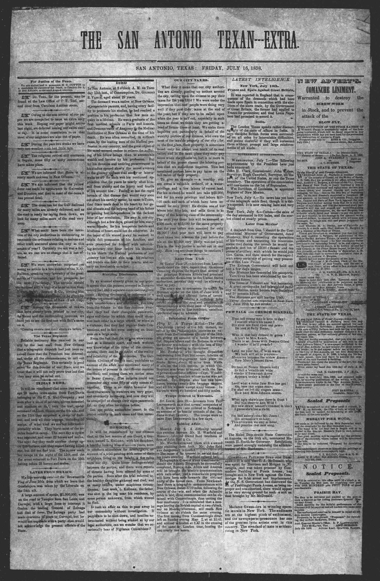 San Antonio Texan (San Antonio, Tex.), Ed. 1 Friday, July 16, 1858
                                                
                                                    [Sequence #]: 1 of 1
                                                
