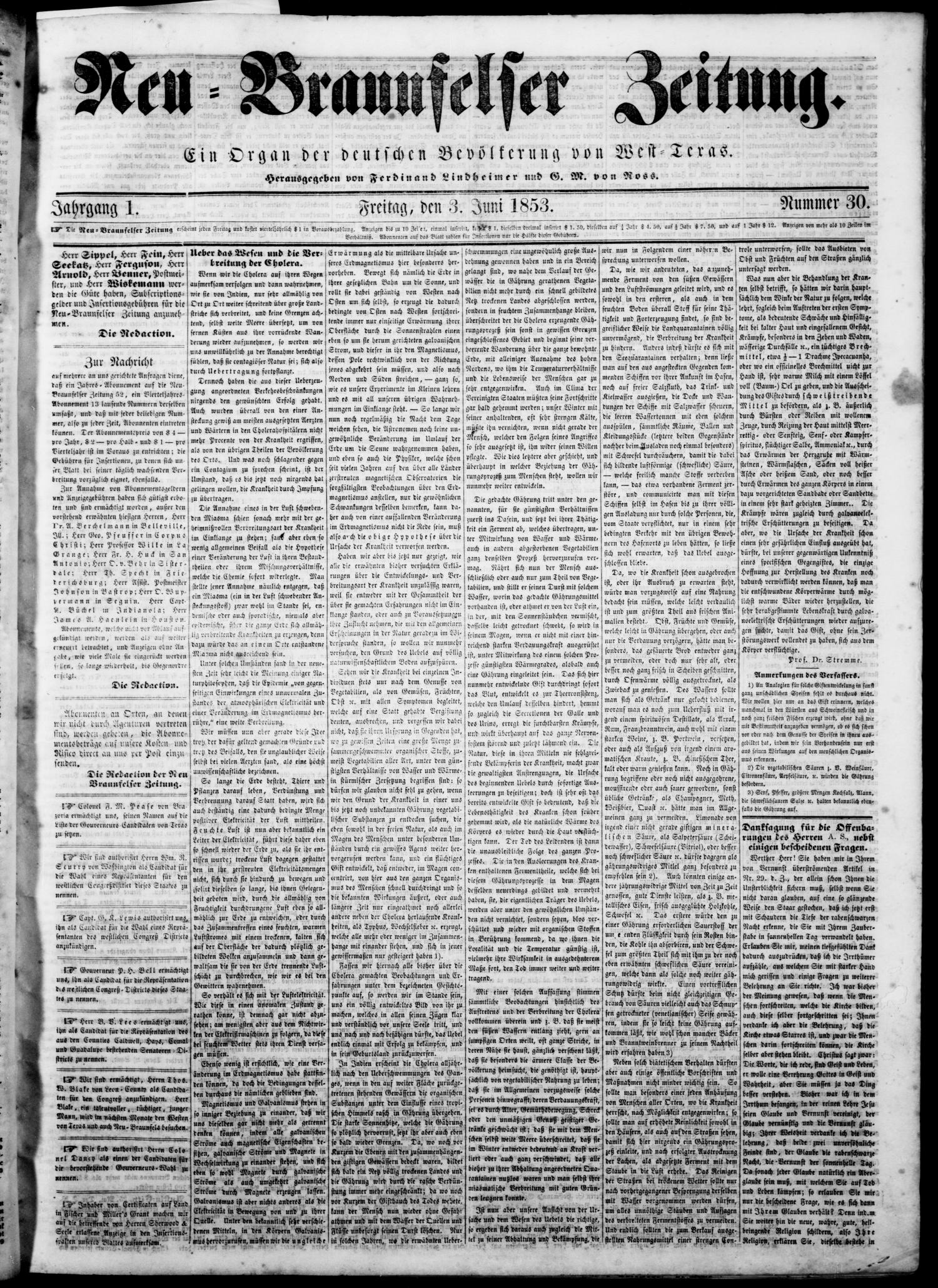 Neu-Braunfelser Zeitung (New Braunfels, Tex.), Vol. 1, No. 30, Ed. 1 Friday, June 3, 1853
                                                
                                                    [Sequence #]: 1 of 4
                                                