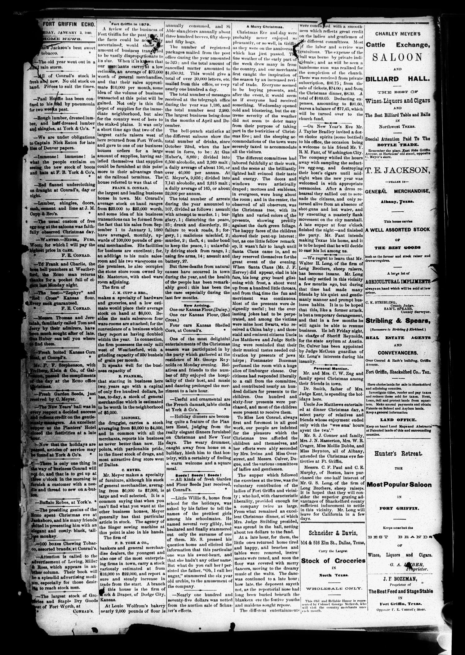 Fort Griffin Echo (Fort Griffin, Tex.), Vol. 1, No. 52, Ed. 1 Saturday, January 3, 1880
                                                
                                                    [Sequence #]: 1 of 2
                                                