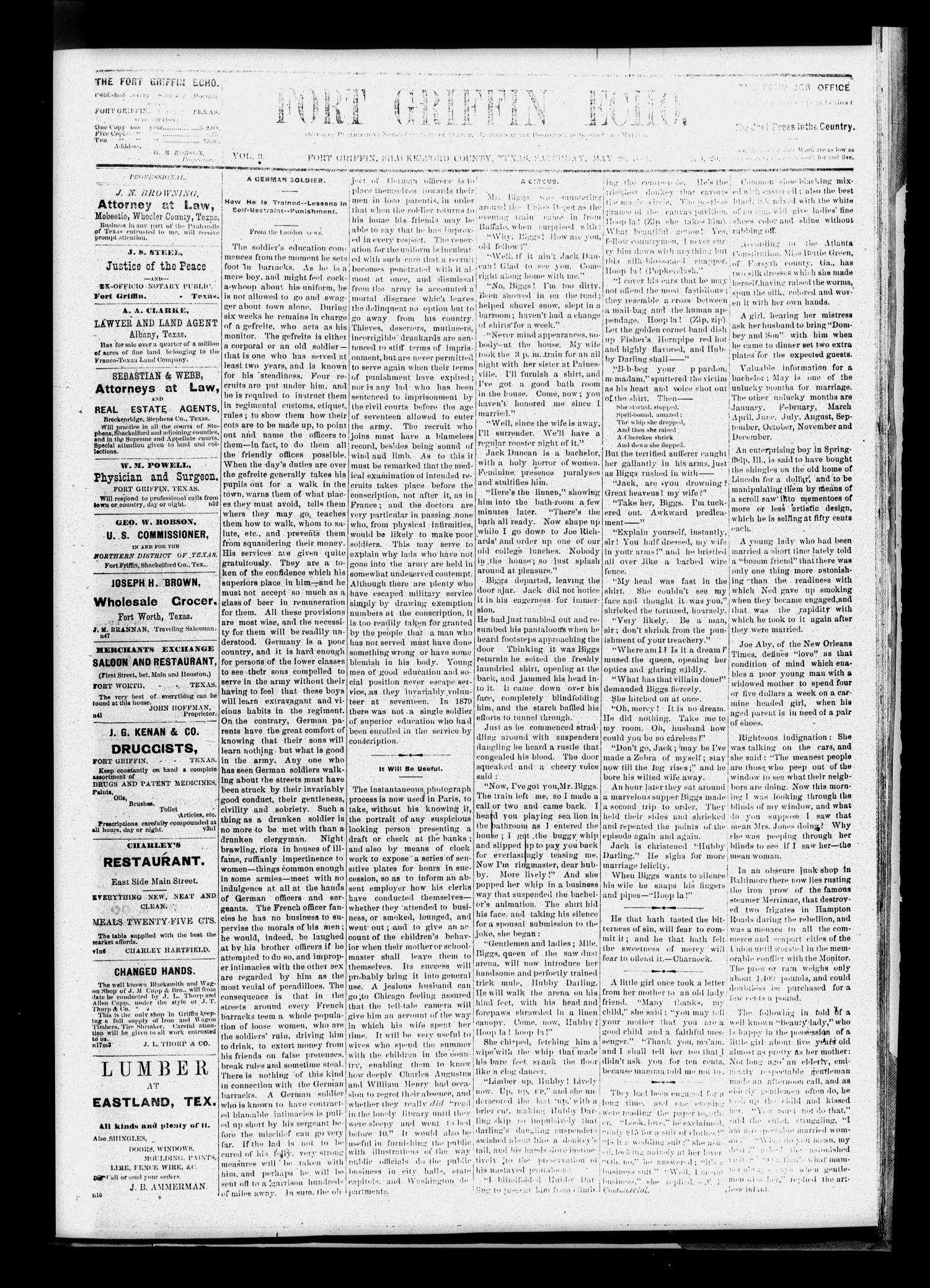 Fort Griffin Echo (Fort Griffin, Tex.), Vol. 3, No. 20, Ed. 1 Saturday, May 28, 1881
                                                
                                                    [Sequence #]: 1 of 4
                                                