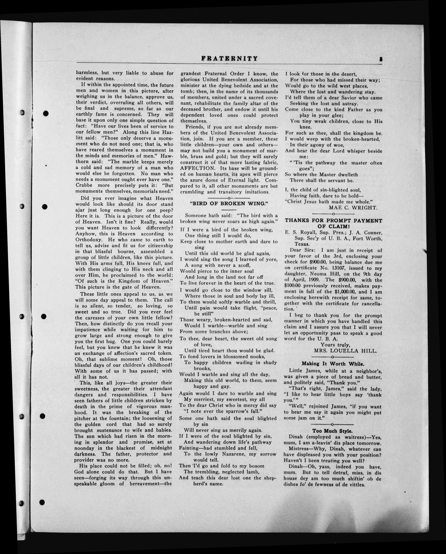 Fraternity (Fort Worth, Tex.), Vol. 13, No. 8, Ed. 1 Saturday, August 1, 1914
                                                
                                                    [Sequence #]: 3 of 8
                                                