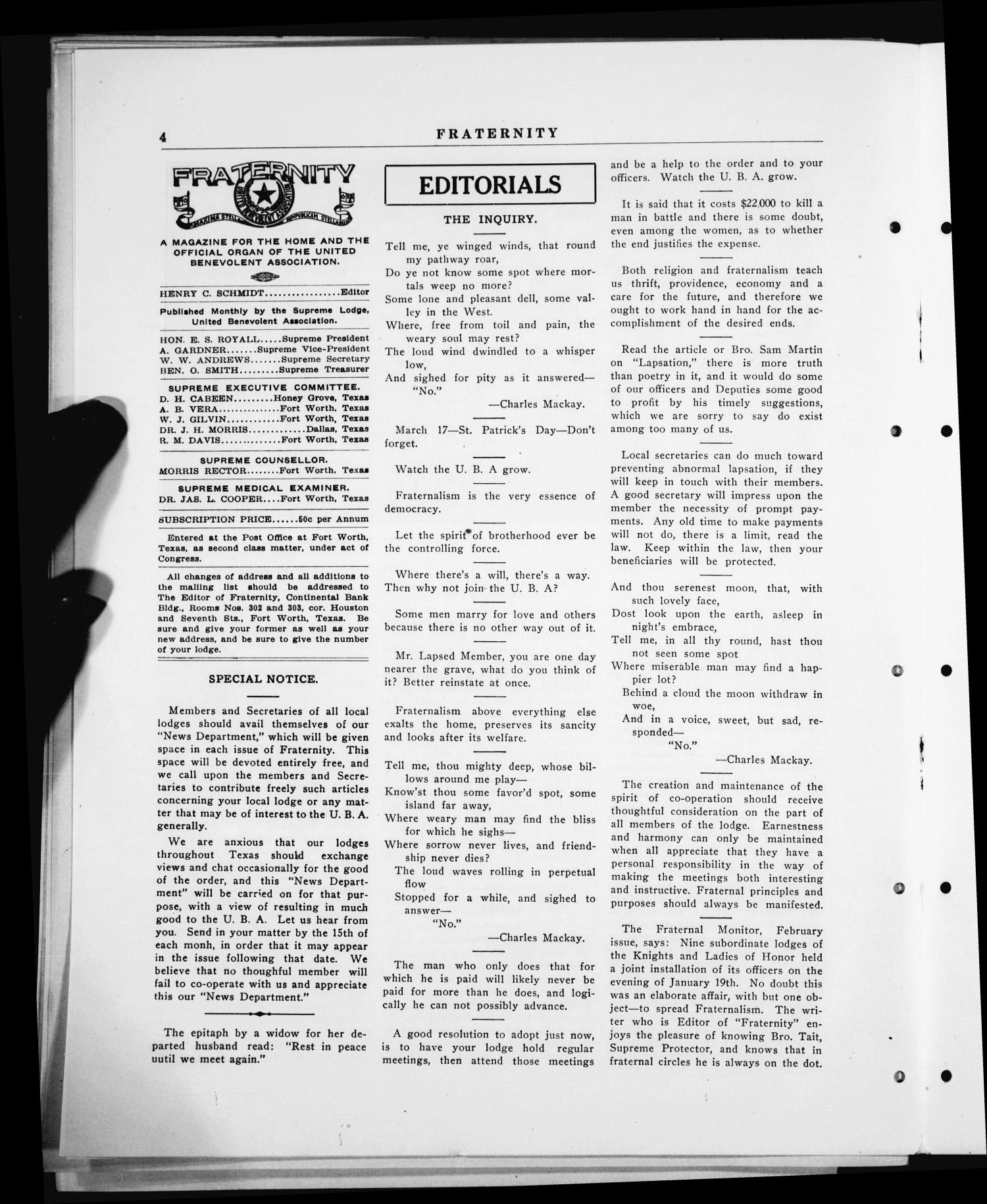 Fraternity (Fort Worth, Tex.), Vol. 14, No. 3, Ed. 1 Monday, March 1, 1915
                                                
                                                    [Sequence #]: 4 of 8
                                                