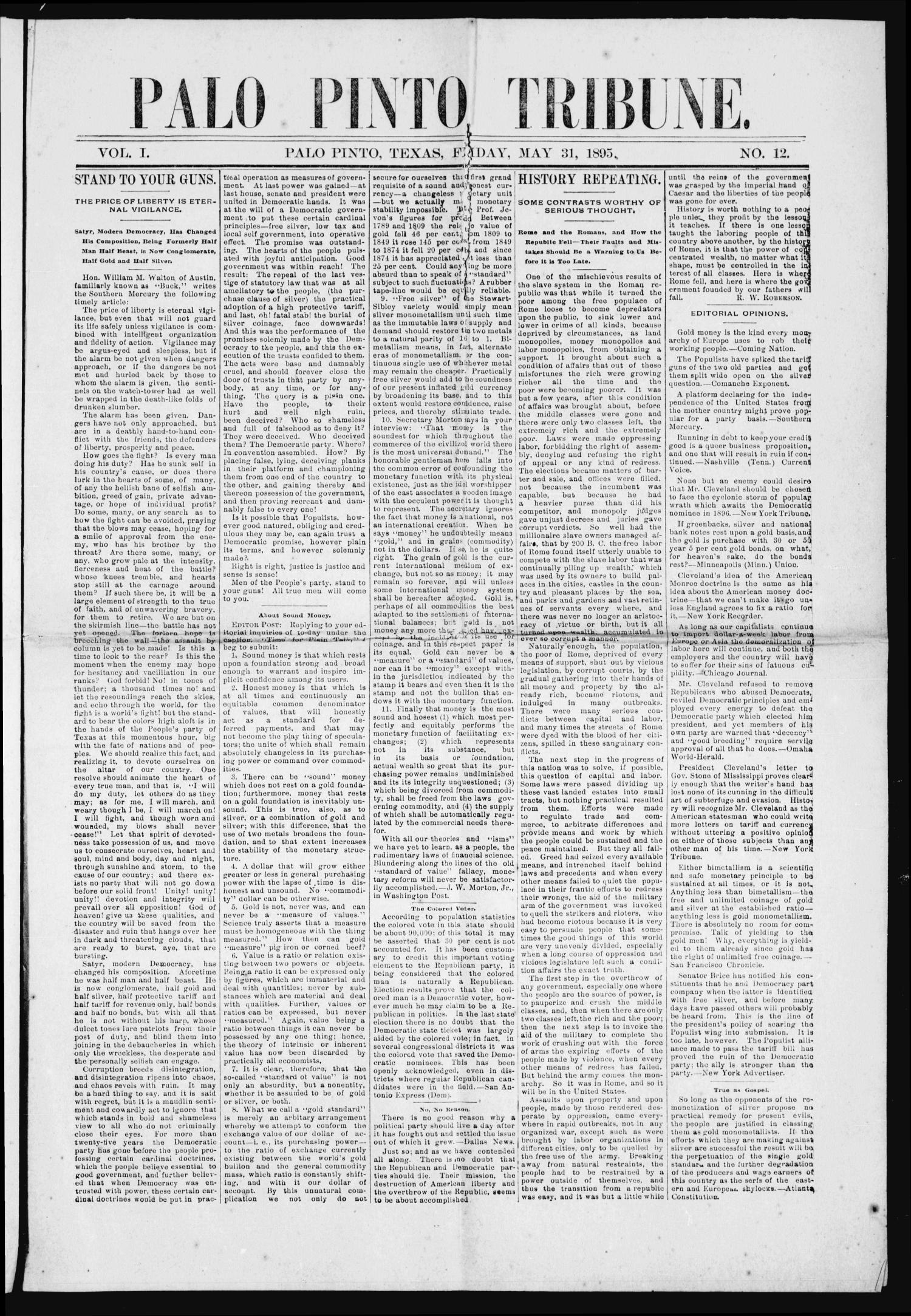 Palo Pinto Tribune. (Palo Pinto, Tex.), Vol. 1, No. 12, Ed. 1 Friday, May 31, 1895
                                                
                                                    [Sequence #]: 1 of 8
                                                