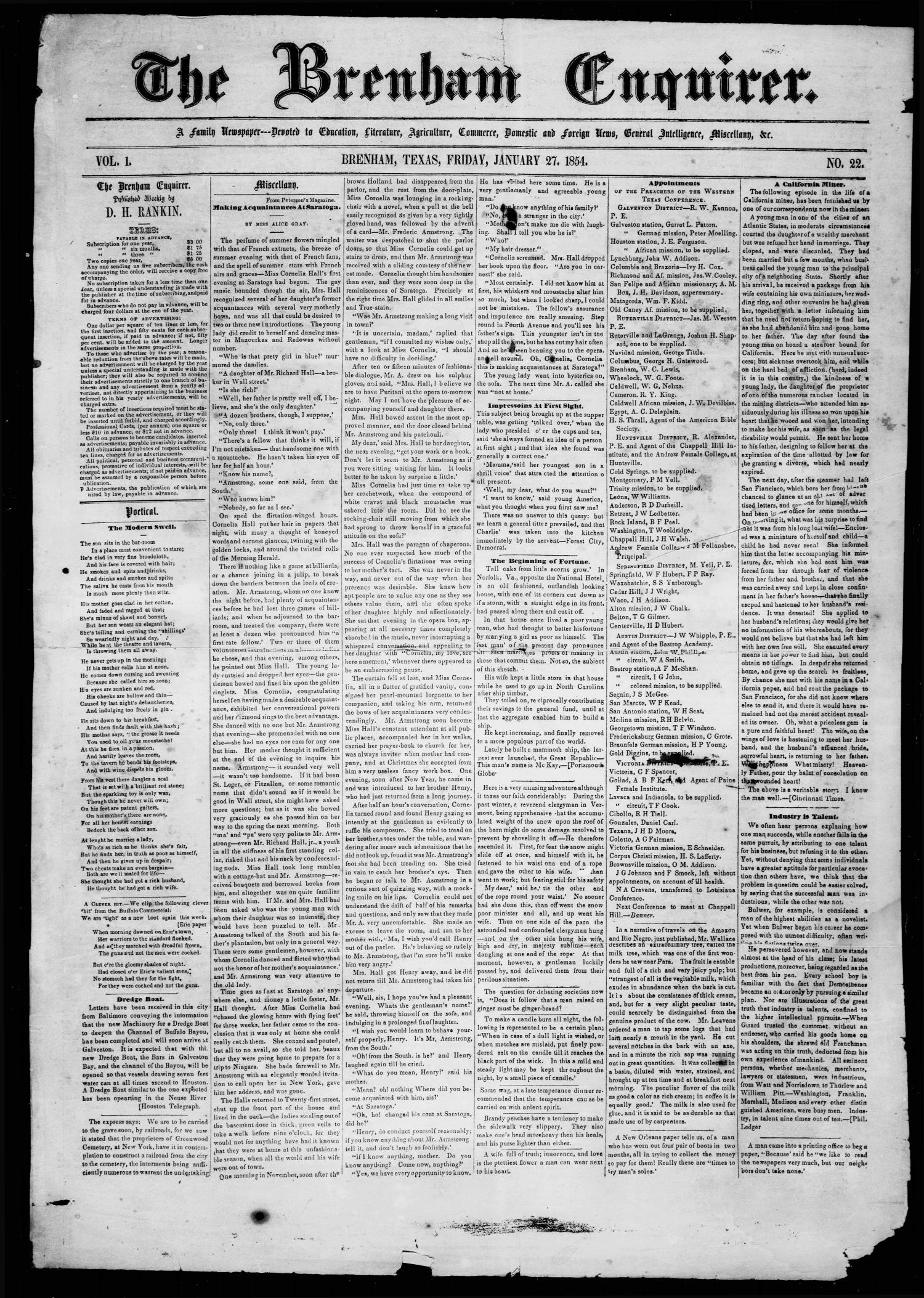 The Brenham Enquirer. (Brenham, Tex.), Vol. 1, No. 22, Ed. 1 Friday, January 27, 1854
                                                
                                                    [Sequence #]: 1 of 4
                                                