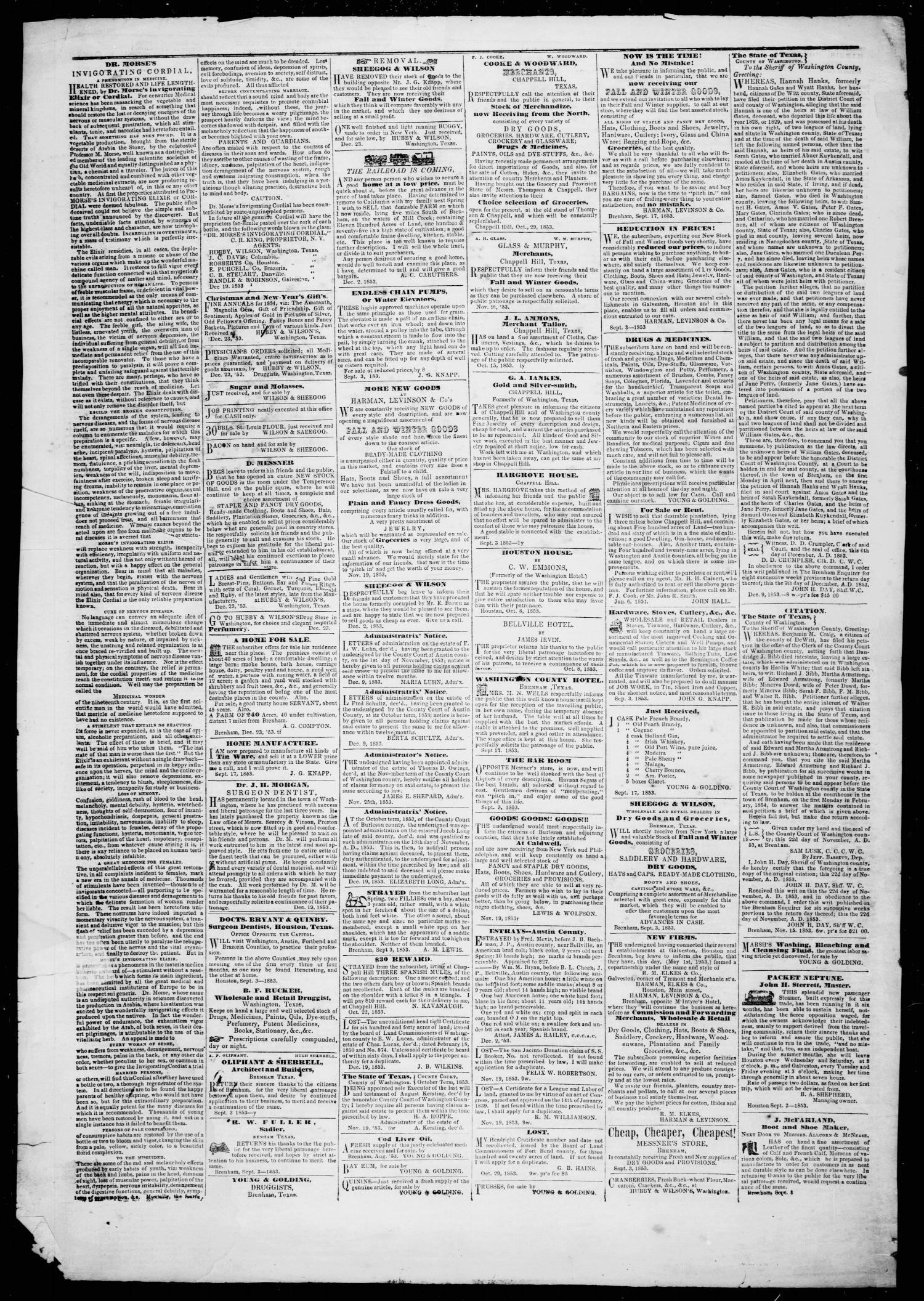 The Brenham Enquirer. (Brenham, Tex.), Vol. 1, No. 22, Ed. 1 Friday, January 27, 1854
                                                
                                                    [Sequence #]: 4 of 4
                                                
