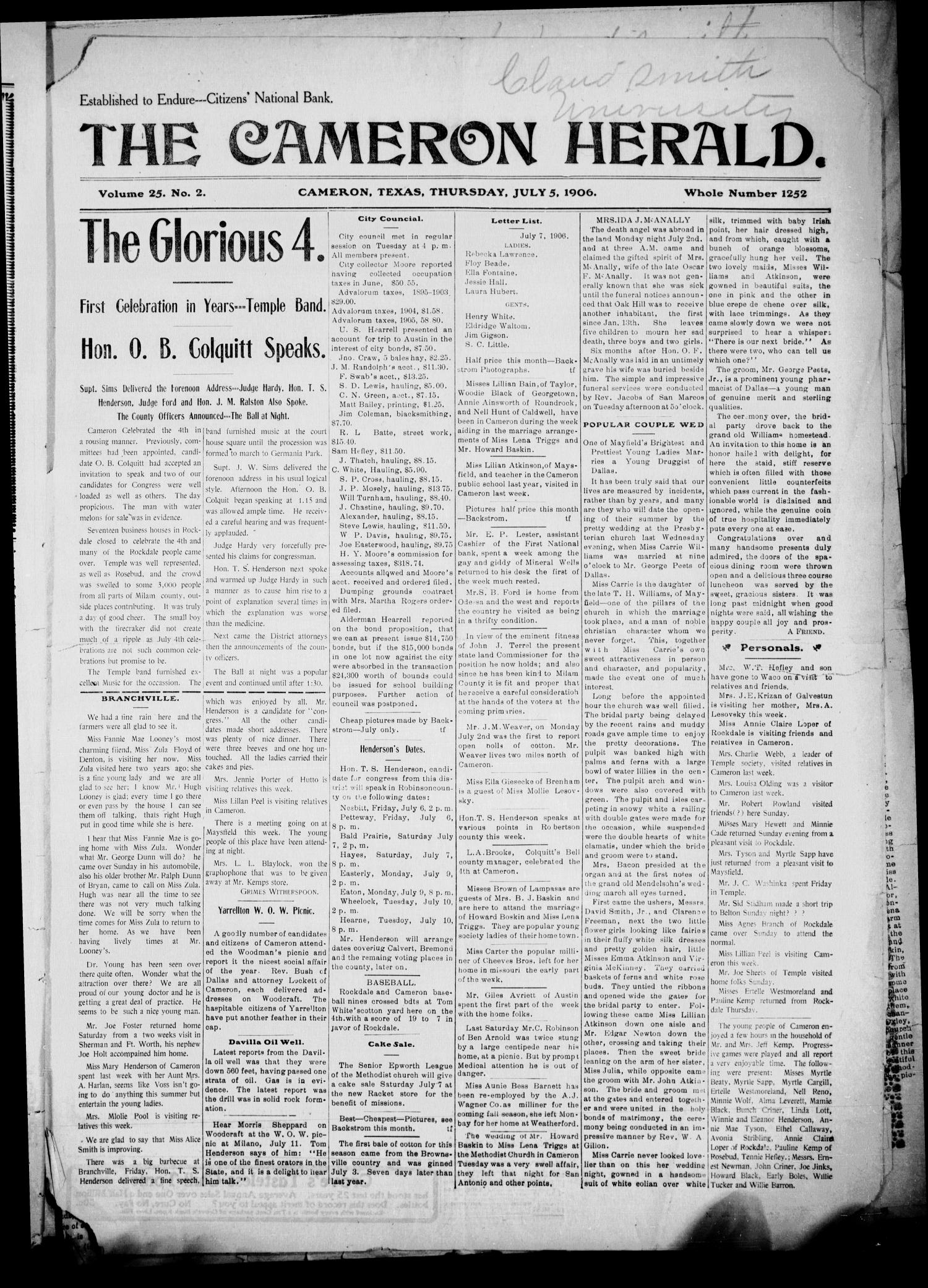 The Cameron Herald. (Cameron, Tex.), Vol. 25, No. 2, Ed. 1 Thursday, July 5, 1906
                                                
                                                    [Sequence #]: 1 of 8
                                                