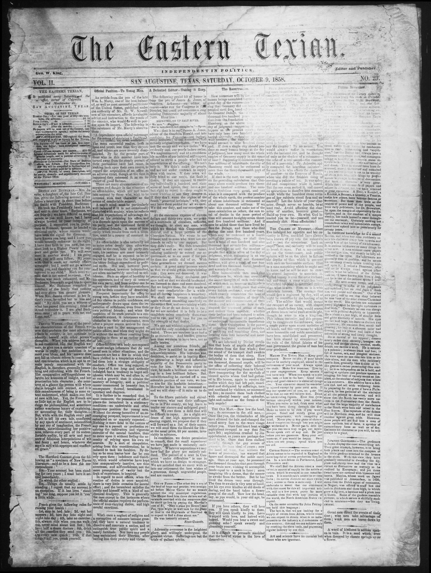 The Eastern Texian (San Augustine, Tex.), Vol. 2, No. 23, Ed. 1 Saturday, October 9, 1858
                                                
                                                    [Sequence #]: 1 of 4
                                                