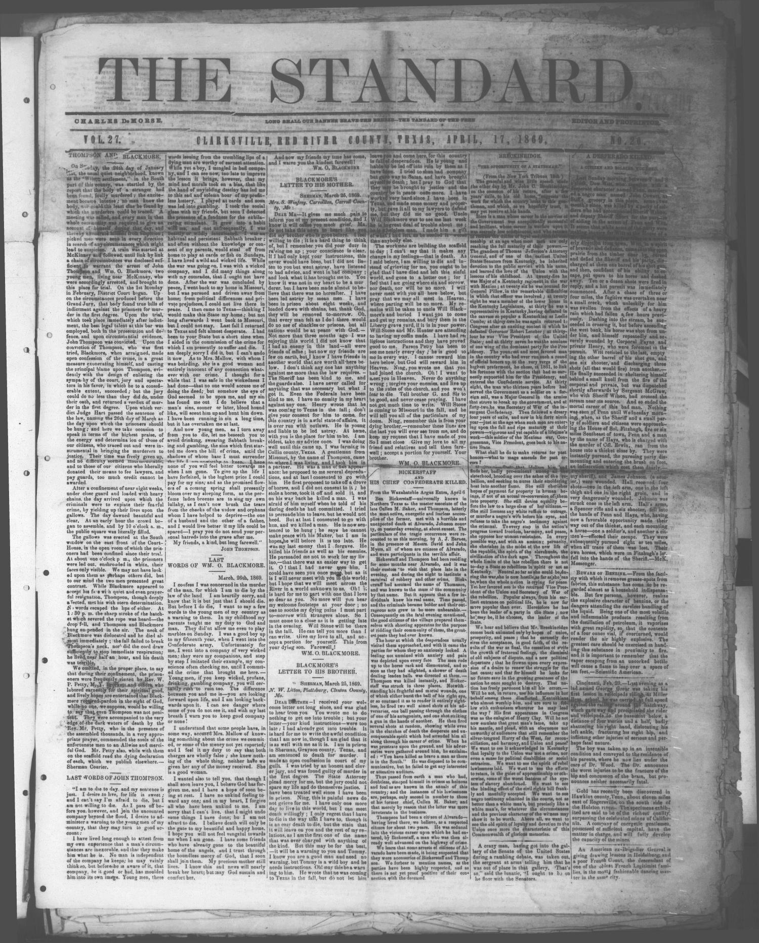 The Standard. (Clarksville, Tex.), Vol. 27, No. 20, Ed. 1 Saturday, April 17, 1869
                                                
                                                    [Sequence #]: 1 of 4
                                                