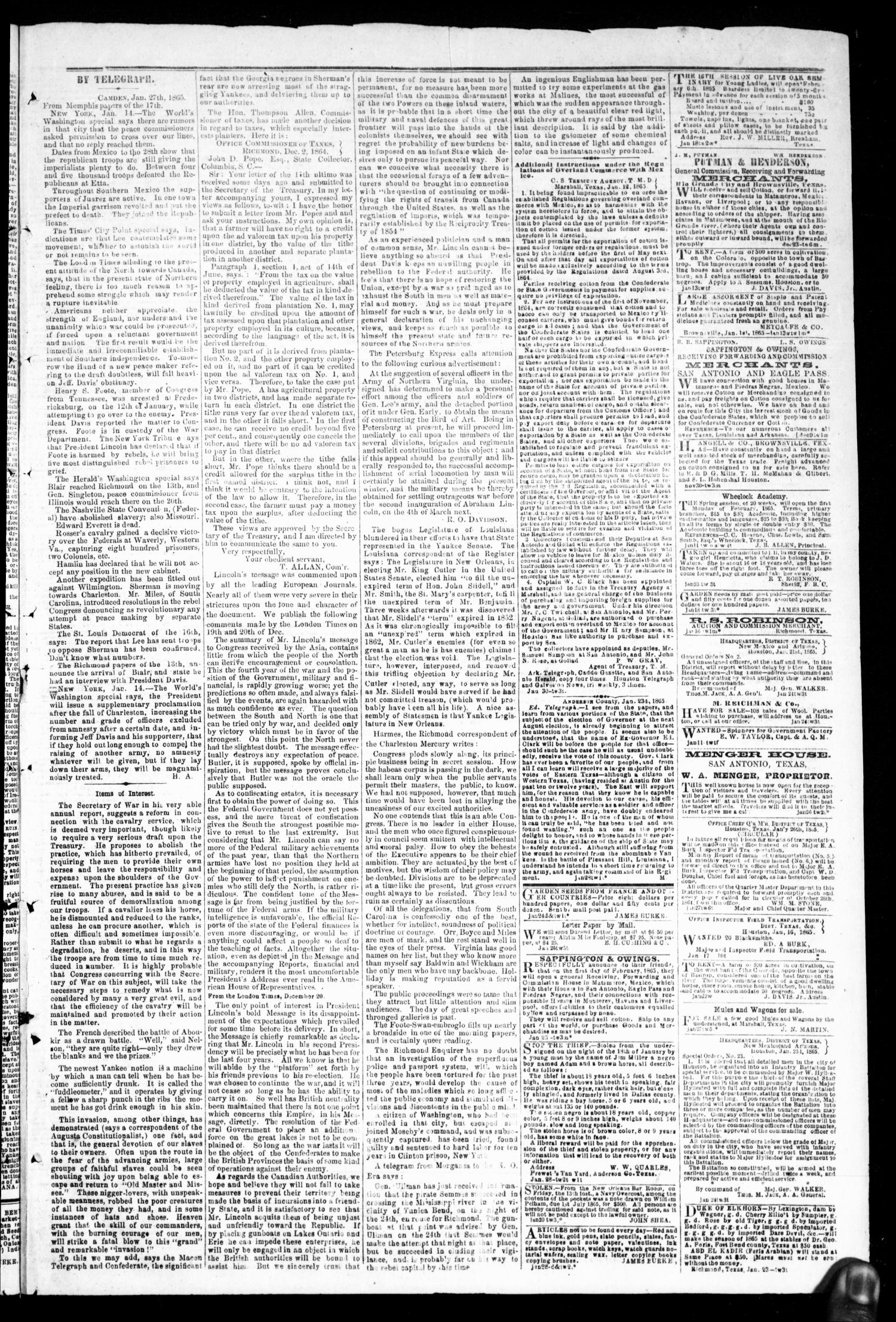 The Houston Tri-Weekly Telegraph (Houston, Tex.), Vol. 30, No. 202, Ed. 1 Monday, January 30, 1865
                                                
                                                    [Sequence #]: 3 of 4
                                                