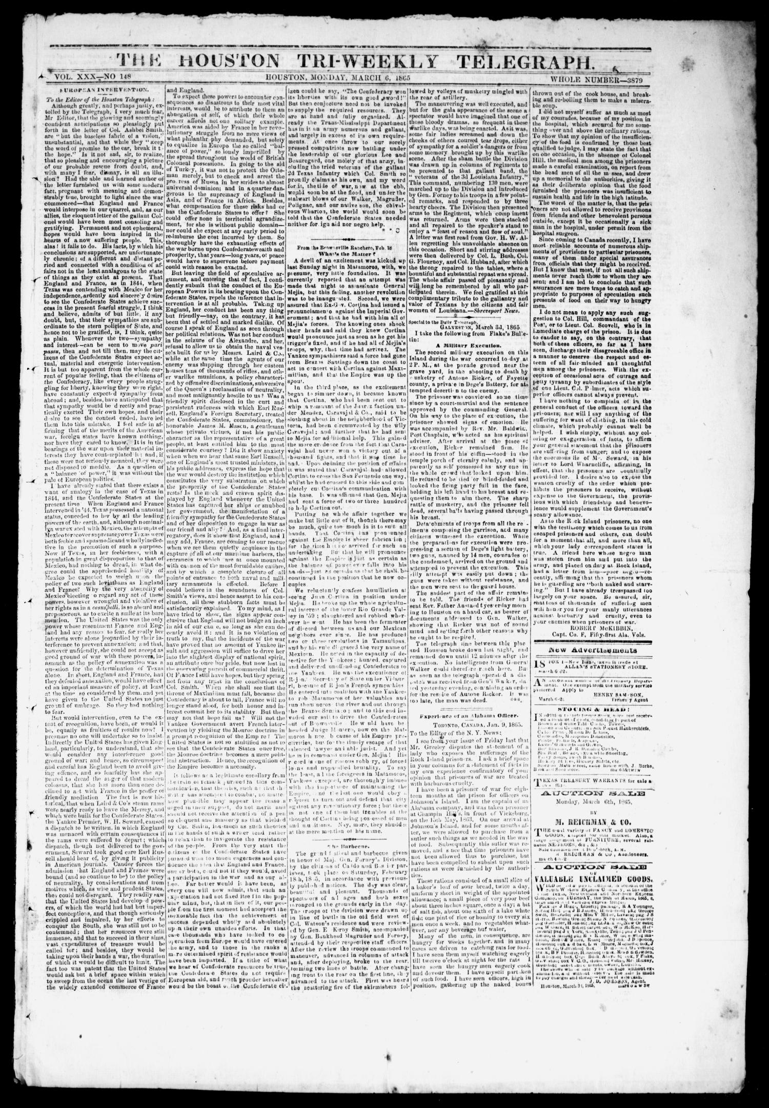 The Houston Tri-Weekly Telegraph (Houston, Tex.), Vol. 30, No. 148, Ed. 1 Monday, March 6, 1865
                                                
                                                    [Sequence #]: 1 of 4
                                                