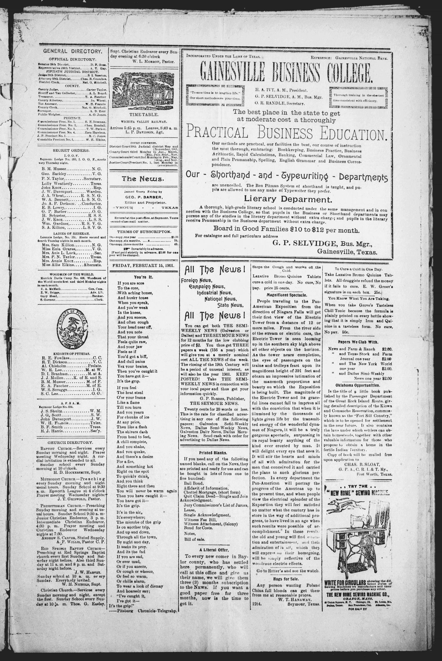 The Seymour News (Seymour, Tex.), Vol. 12, No. 14, Ed. 1 Friday, February 15, 1901
                                                
                                                    [Sequence #]: 3 of 8
                                                