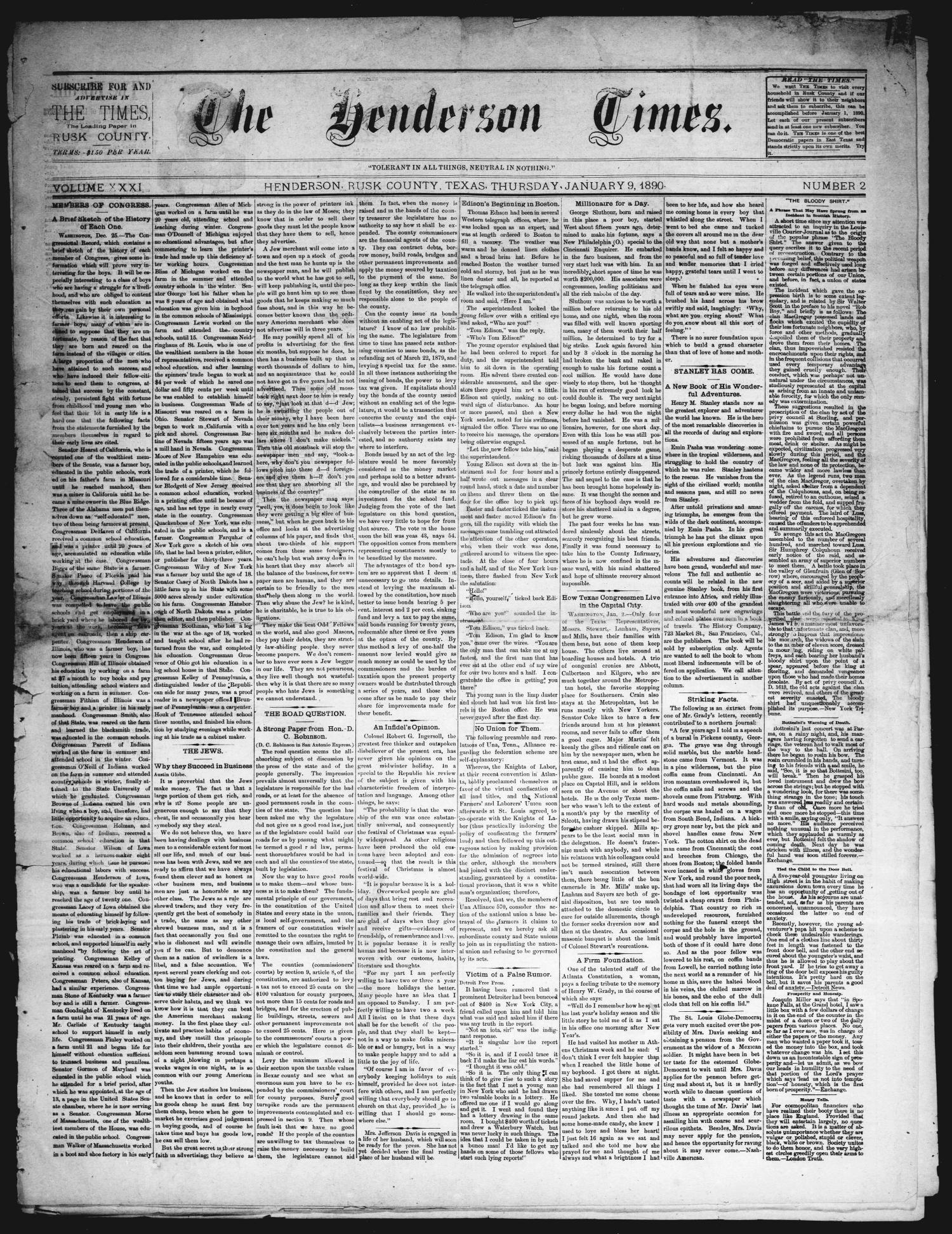 The Henderson Times.  (Henderson, Tex.), Vol. 31, No. 2, Ed. 1 Thursday, January 9, 1890
                                                
                                                    [Sequence #]: 1 of 4
                                                