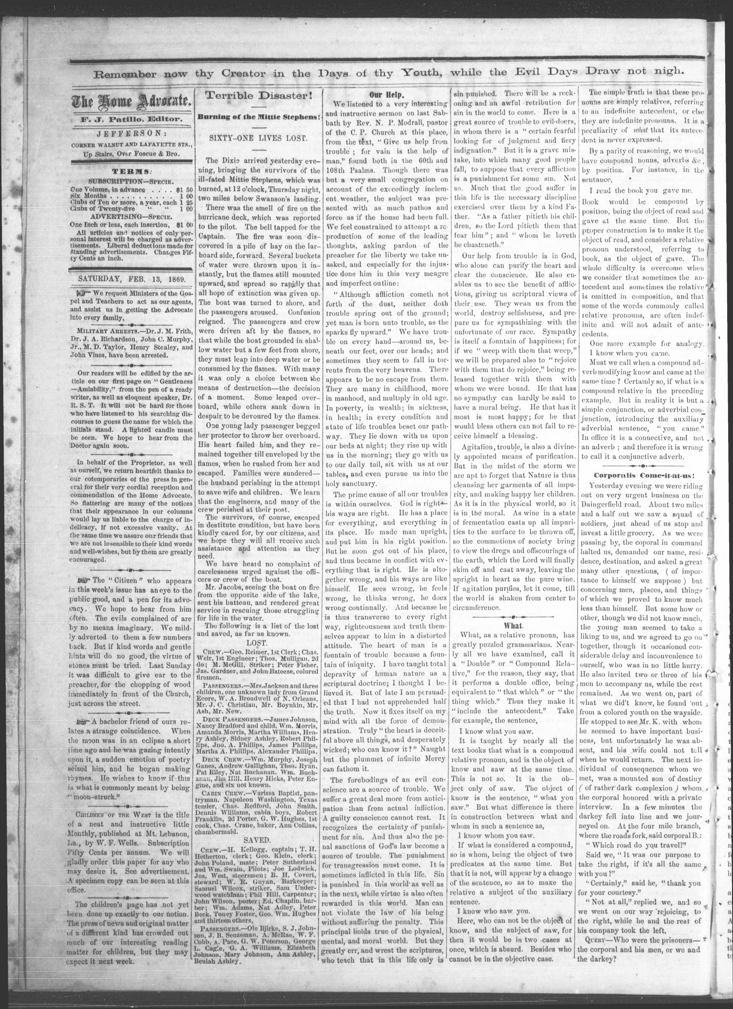 The Home Advocate. (Jefferson, Tex.), Vol. 1, No. 4, Ed. 1 Saturday, February 13, 1869
                                                
                                                    [Sequence #]: 4 of 4
                                                
