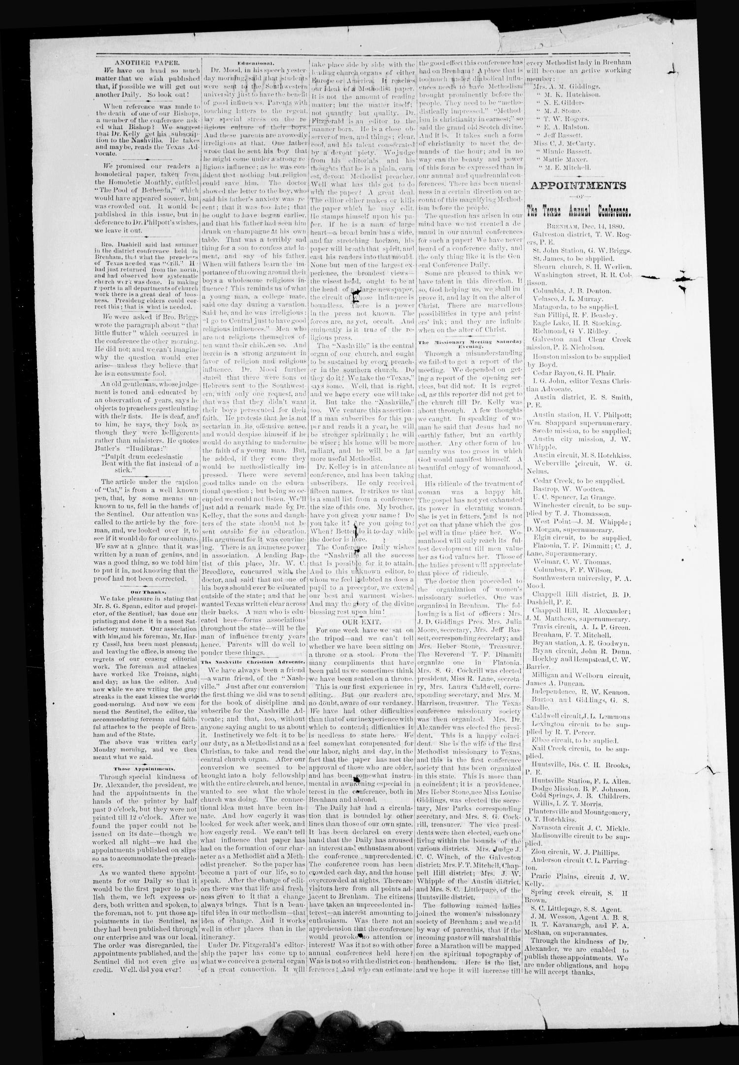 The Conference Daily (Brenham, Tex.), Vol. 1, No. 6, Ed. 1 Tuesday, December 14, 1880
                                                
                                                    [Sequence #]: 2 of 4
                                                