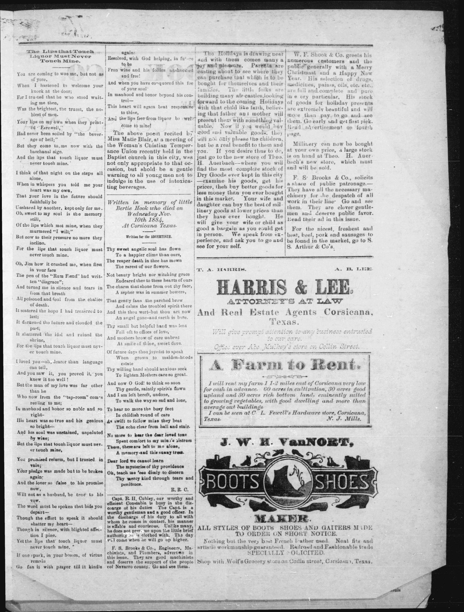 The Semi-Occasional Advertiser (Corsicana, Tex.), Vol. 1, No. 1, Ed. 1 Monday, December 15, 1884
                                                
                                                    [Sequence #]: 3 of 4
                                                