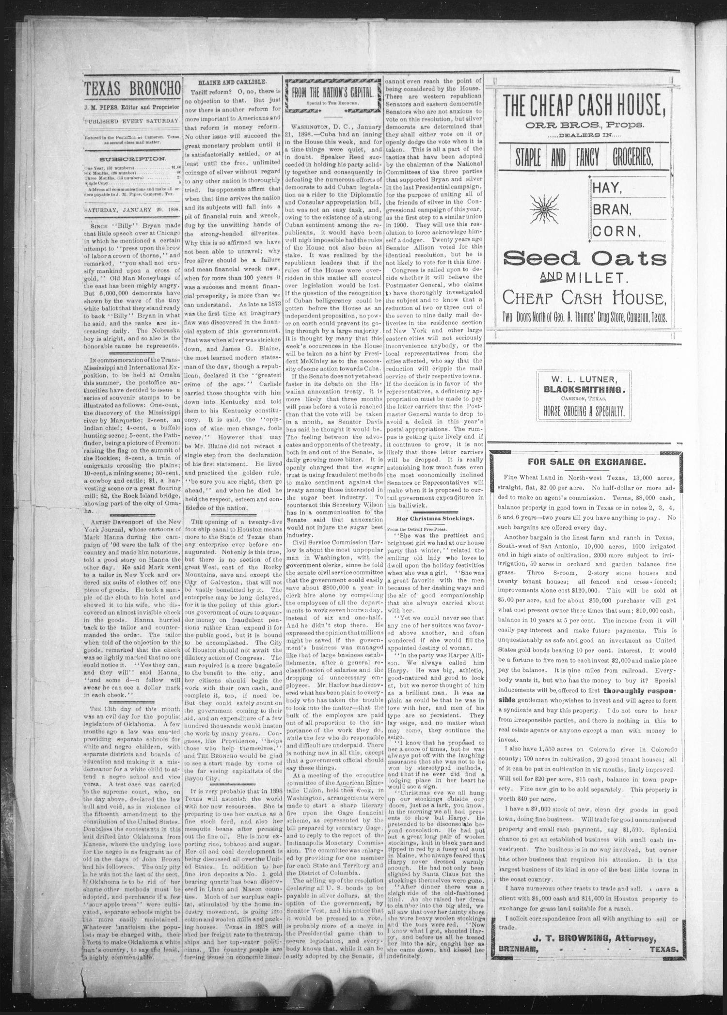 The Texas Broncho. (Cameron, Tex.), Vol. 3, No. 4, Ed. 1 Saturday, January 29, 1898
                                                
                                                    [Sequence #]: 4 of 8
                                                
