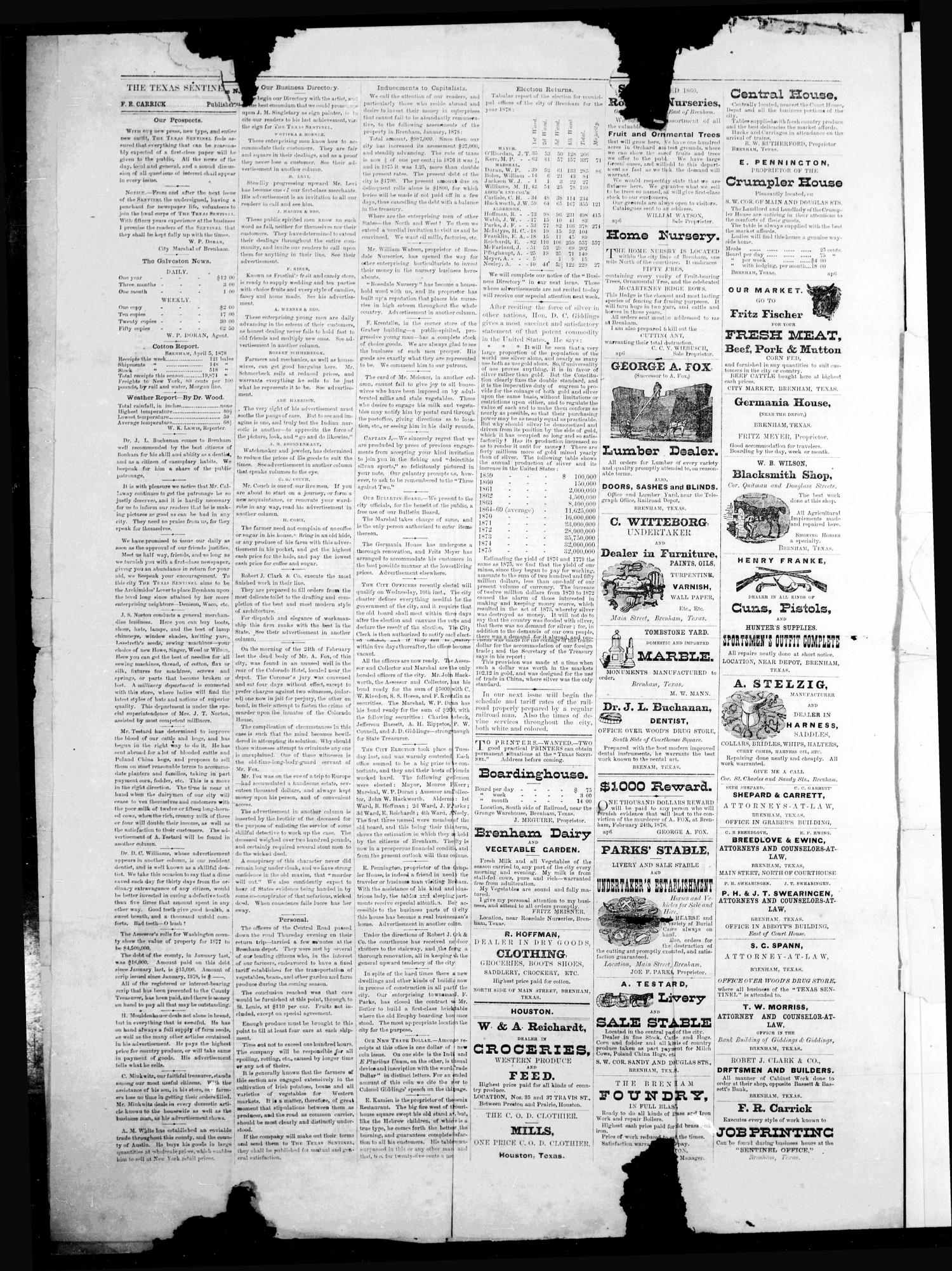 The Texas Sentinel. (Brenham, Tex.), Vol. 1, No. 1, Ed. 1 Saturday, April 6, 1878
                                                
                                                    [Sequence #]: 4 of 4
                                                