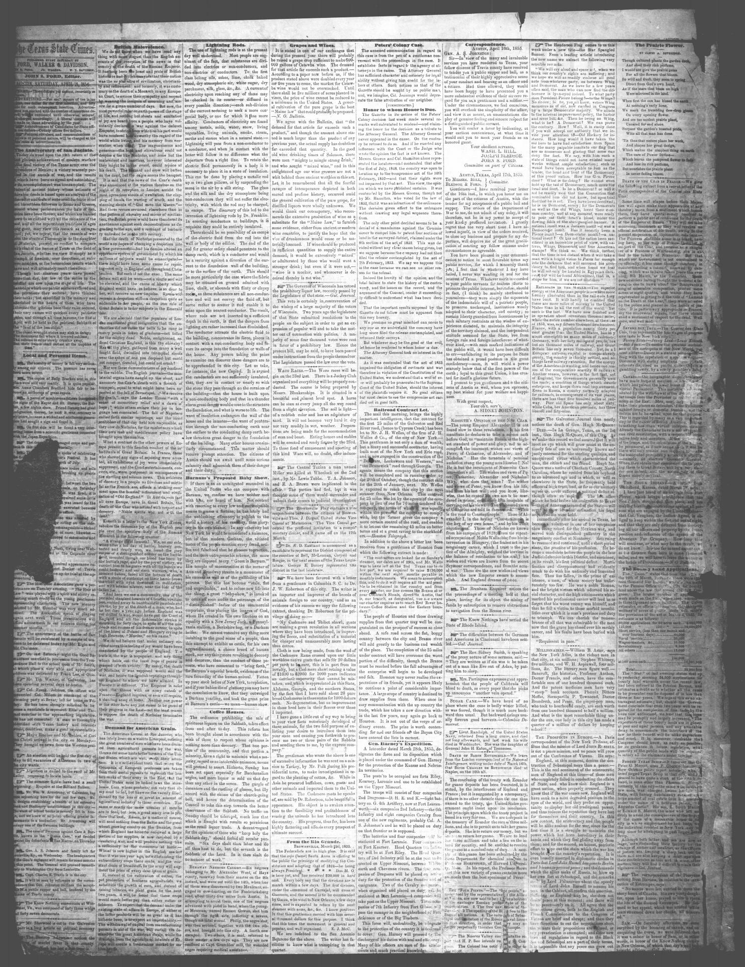 The Texas State Times (Austin, Tex.), Vol. 2, No. 20, Ed. 1 Saturday, April 21, 1855
                                                
                                                    [Sequence #]: 2 of 4
                                                