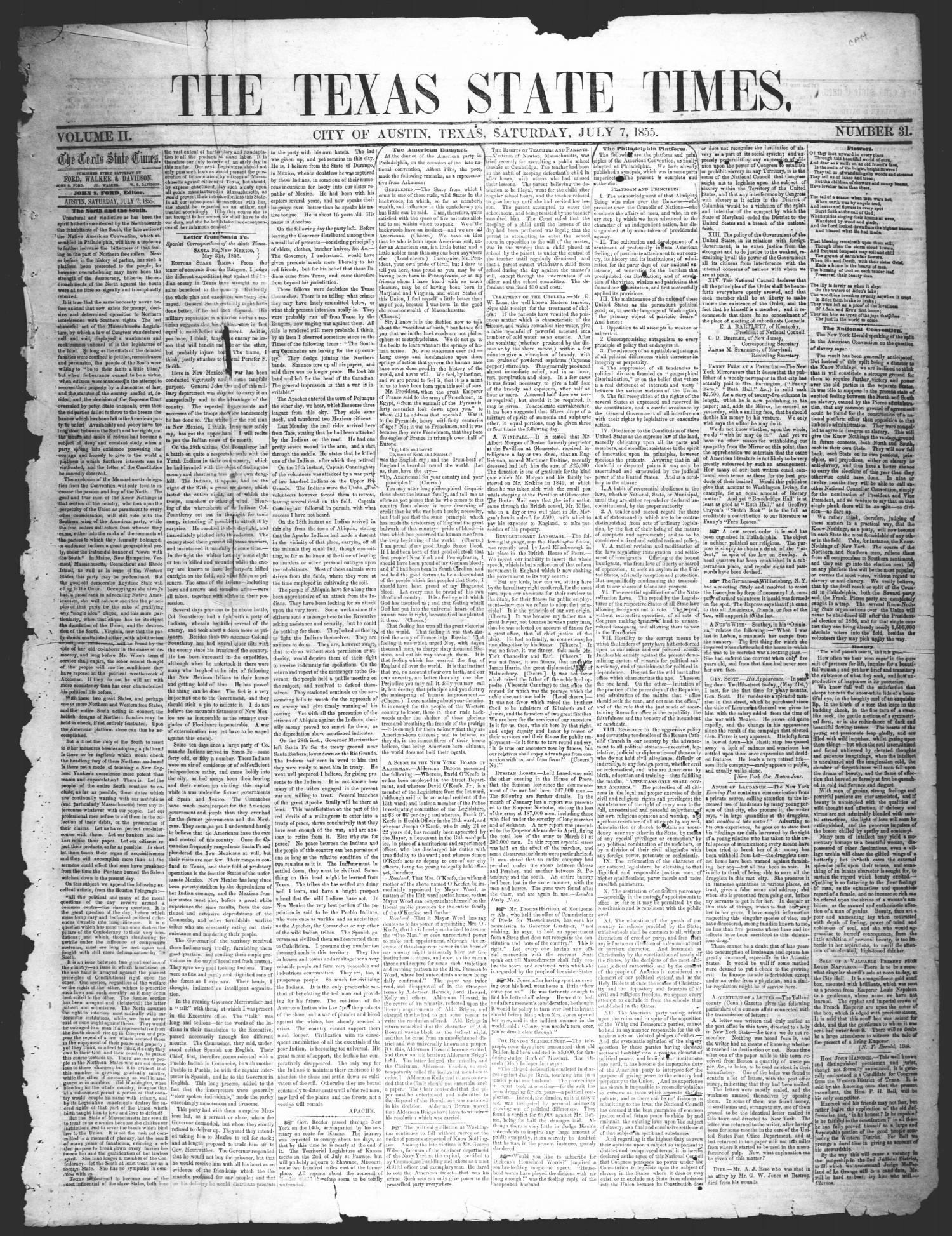 The Texas State Times (Austin, Tex.), Vol. 2, No. 31, Ed. 1 Saturday, July 7, 1855
                                                
                                                    [Sequence #]: 1 of 4
                                                