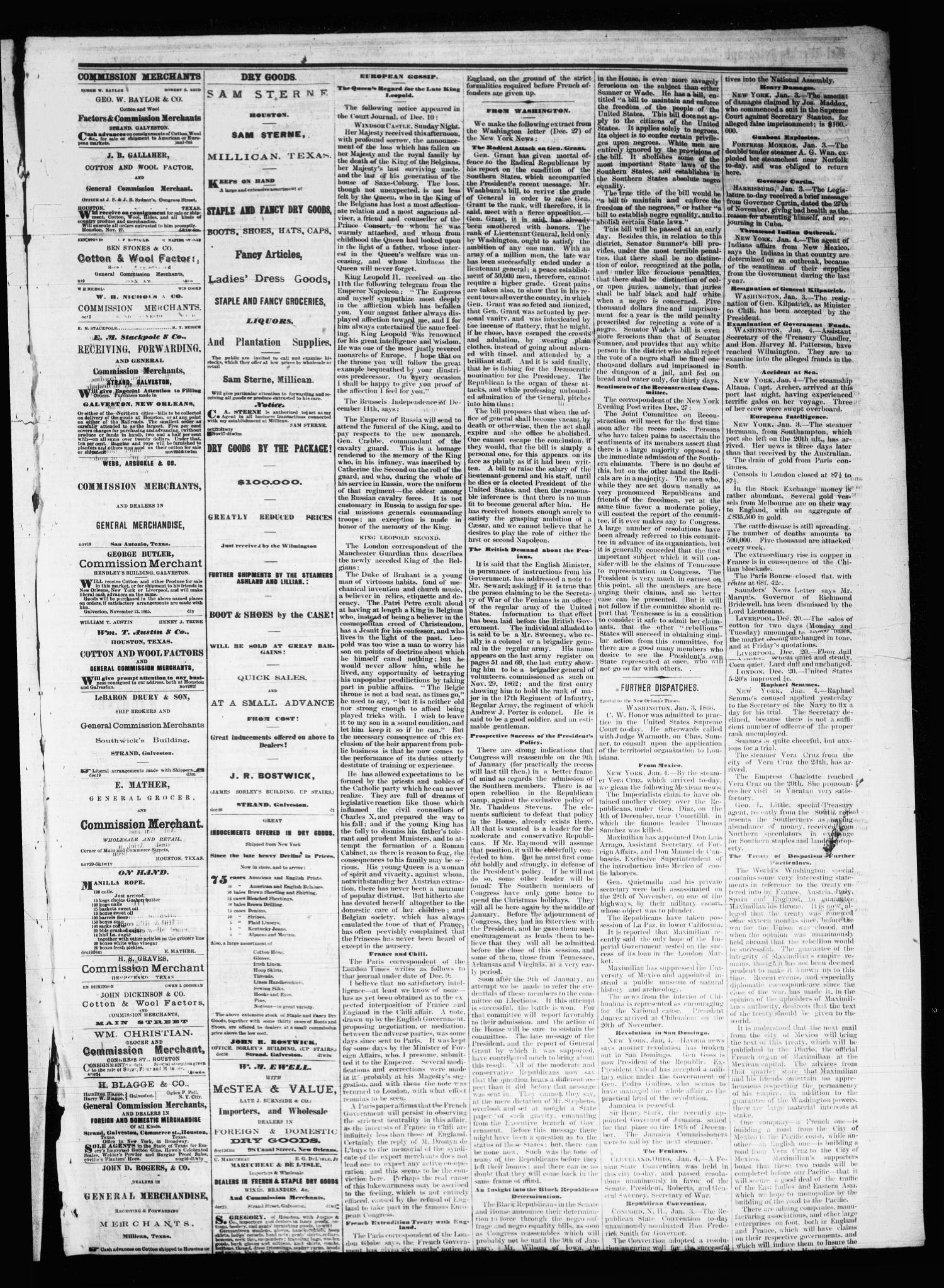 Tri-Weekly Telegraph (Houston, Tex.), Vol. 31, No. 134, Ed. 1 Friday, January 12, 1866
                                                
                                                    [Sequence #]: 3 of 8
                                                