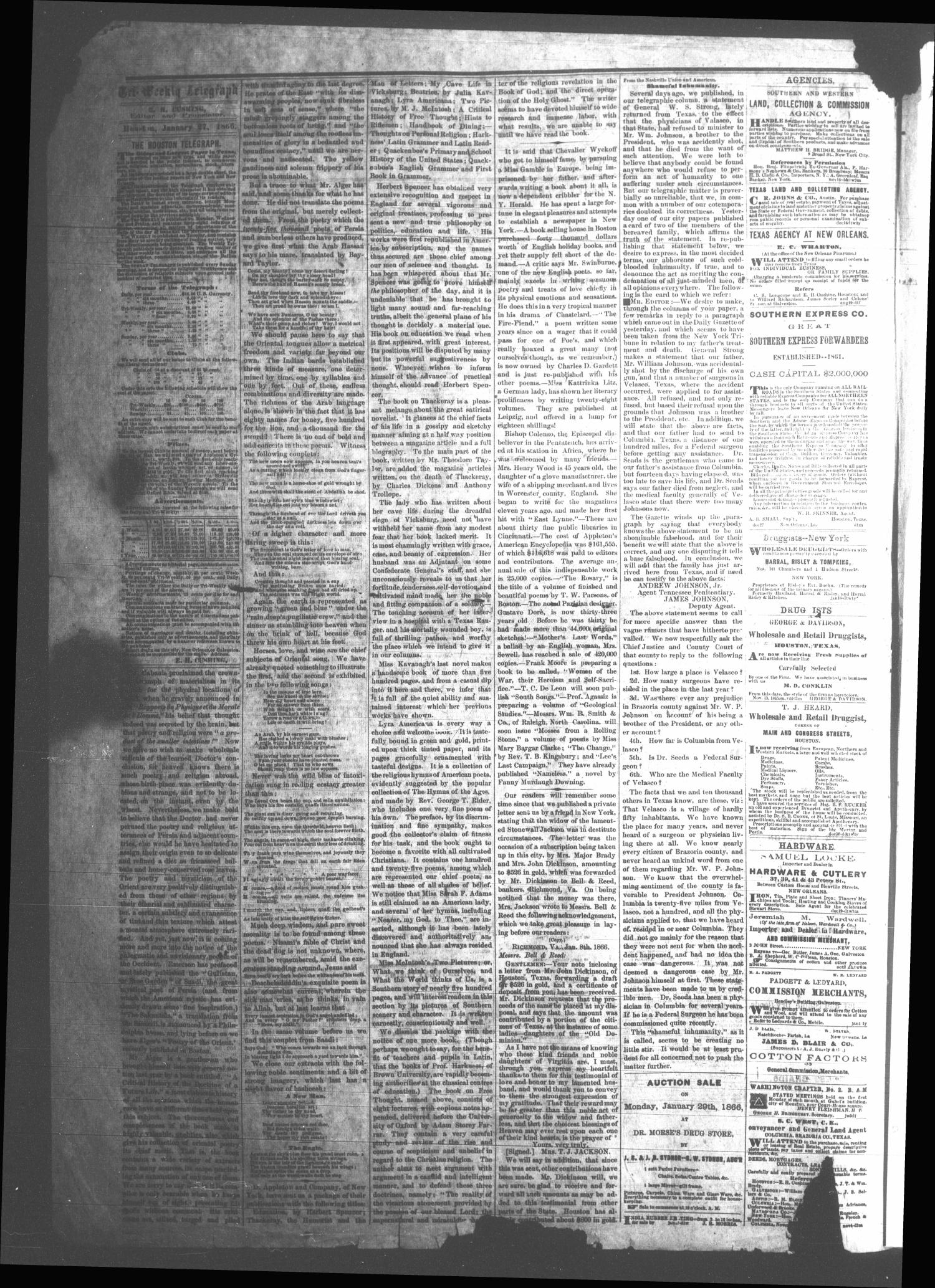 Tri-Weekly Telegraph (Houston, Tex.), Vol. 31, No. 141, Ed. 1 Monday, January 29, 1866
                                                
                                                    [Sequence #]: 2 of 10
                                                