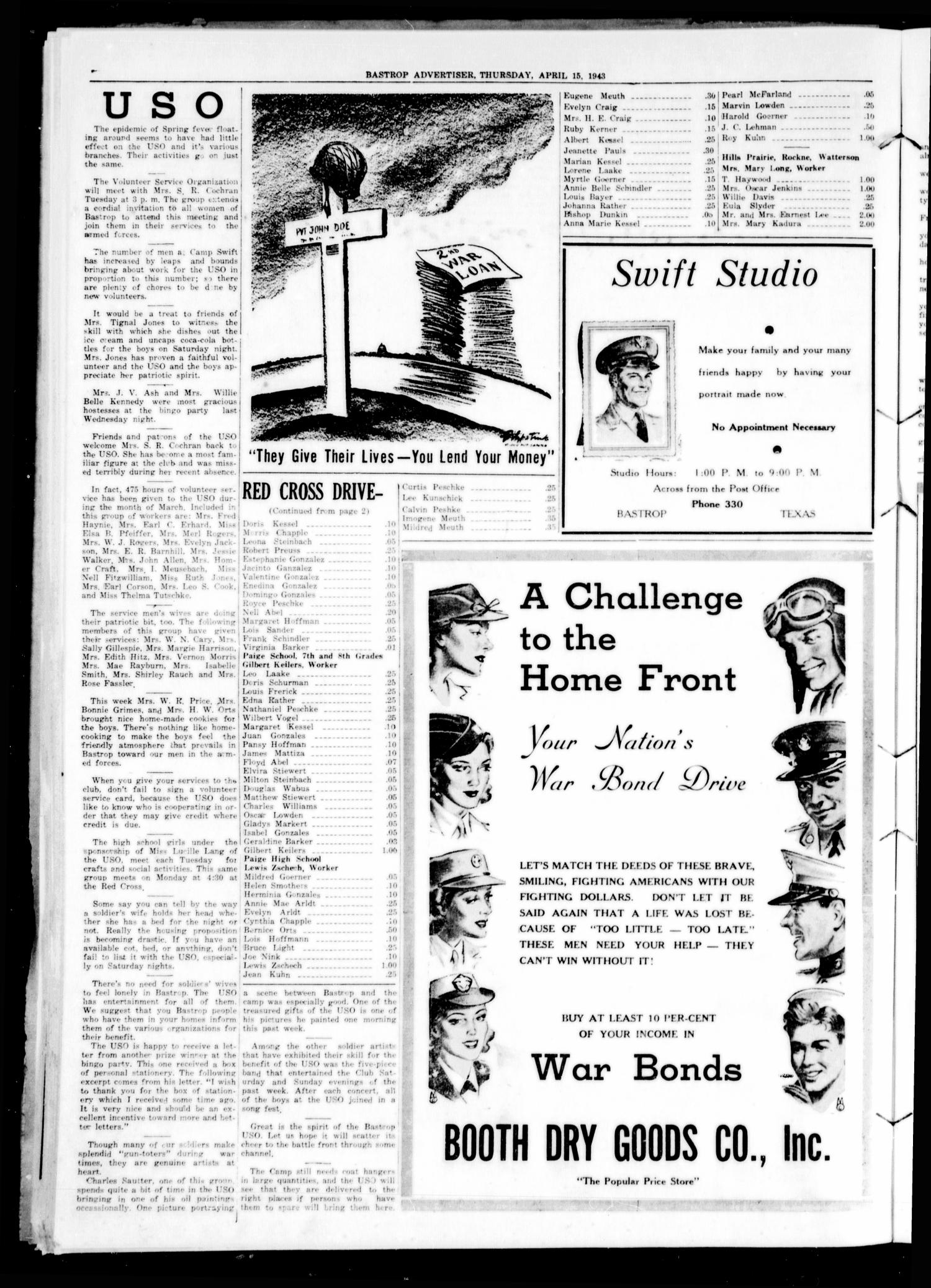 Bastrop Advertiser (Bastrop, Tex.), Vol. 90, No. 4, Ed. 1 Thursday, April 15, 1943
                                                
                                                    [Sequence #]: 4 of 8
                                                