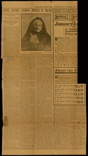 Primary view of object titled '[Clipping: Mrs. Mary Anson Jones Is Dead]'.