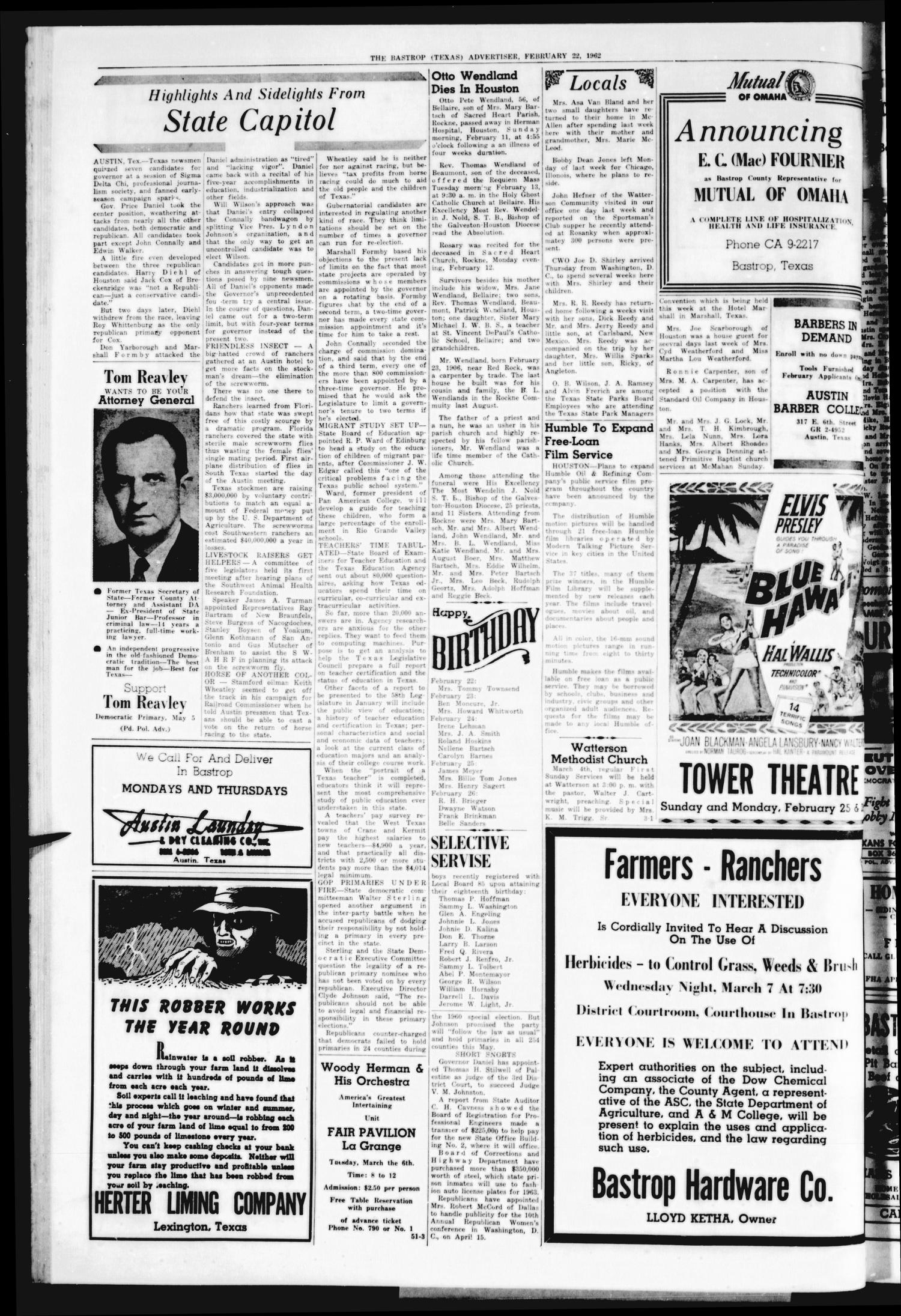 Bastrop Advertiser (Bastrop, Tex.), Vol. 109, No. 52, Ed. 1 Thursday, February 22, 1962
                                                
                                                    [Sequence #]: 4 of 8
                                                