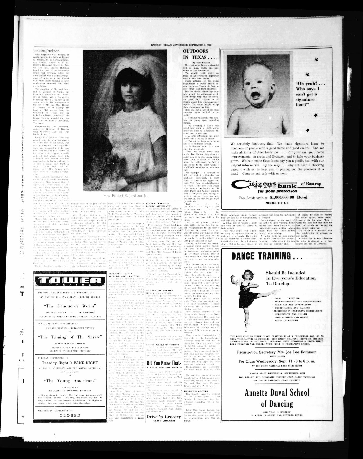 Bastrop Advertiser and Bastrop County News (Bastrop, Tex.), Vol. [115], No. 27, Ed. 1 Thursday, September 5, 1968
                                                
                                                    [Sequence #]: 3 of 8
                                                