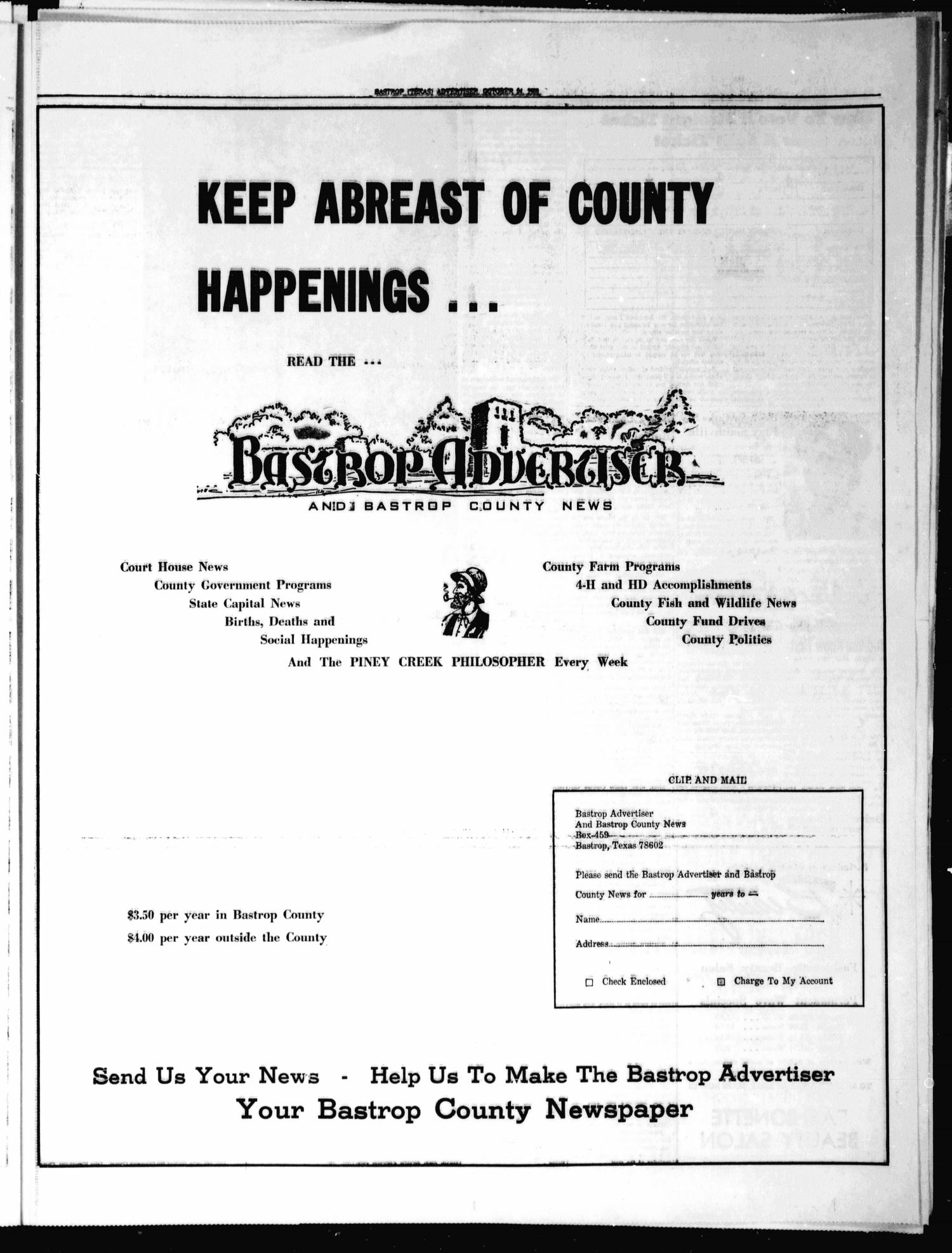 Bastrop Advertiser and Bastrop County News (Bastrop, Tex.), Vol. 115, No. 34, Ed. 1 Thursday, October 24, 1968
                                                
                                                    [Sequence #]: 3 of 12
                                                