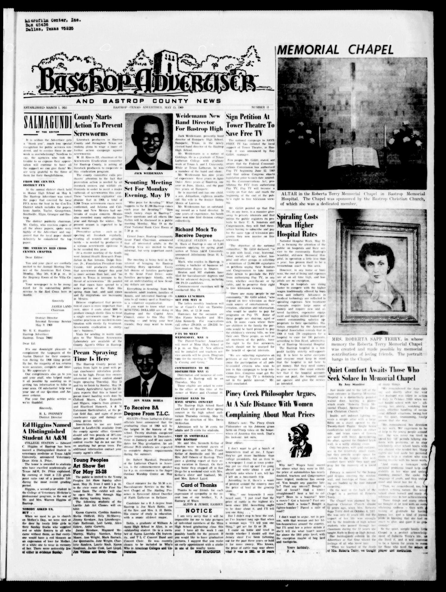 Bastrop Advertiser and Bastrop County News (Bastrop, Tex.), Vol. [116], No. 11, Ed. 1 Thursday, May 15, 1969
                                                
                                                    [Sequence #]: 1 of 12
                                                