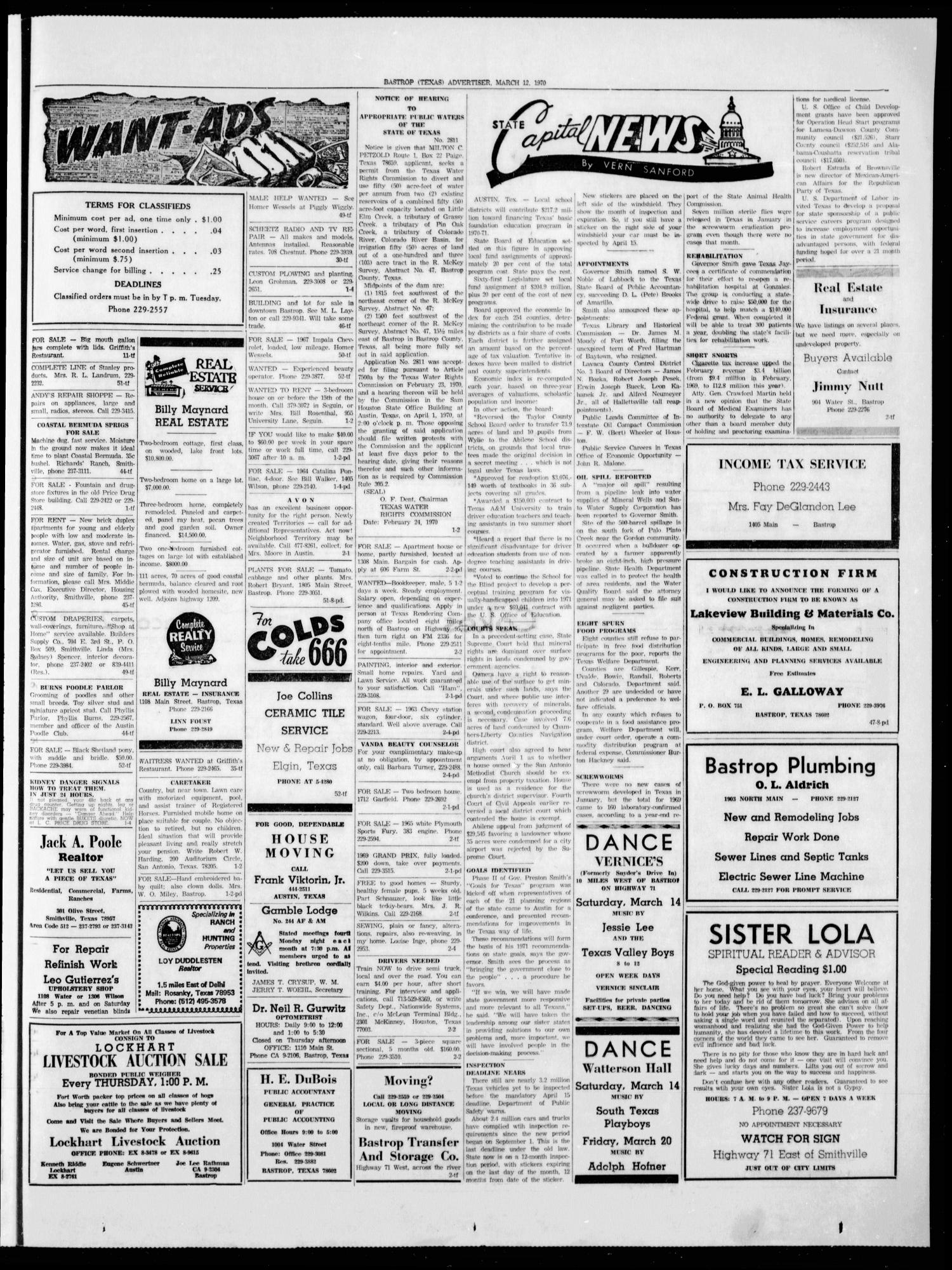 Bastrop Advertiser and Bastrop County News (Bastrop, Tex.), Vol. [117], No. 2, Ed. 1 Thursday, March 12, 1970
                                                
                                                    [Sequence #]: 7 of 8
                                                
