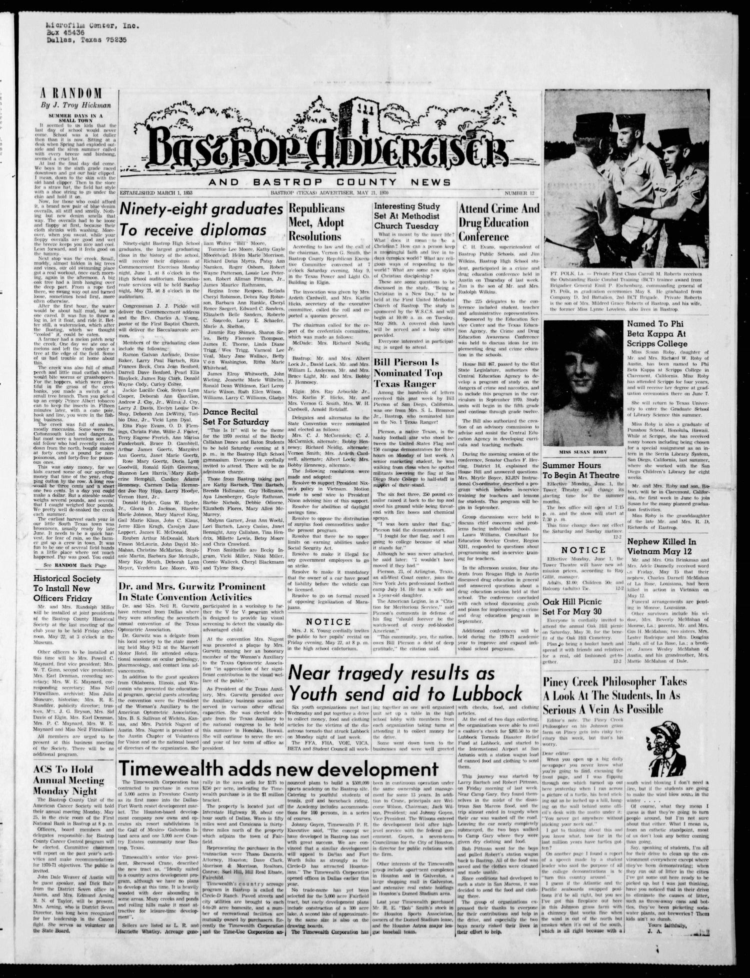 Bastrop Advertiser and Bastrop County News (Bastrop, Tex.), Vol. [117], No. 12, Ed. 1 Thursday, May 21, 1970
                                                
                                                    [Sequence #]: 1 of 8
                                                