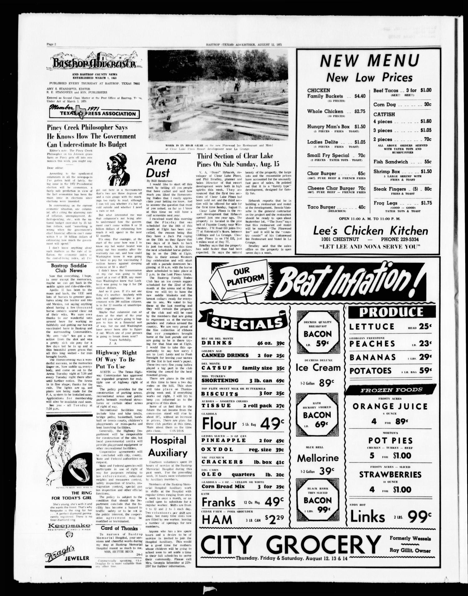 Bastrop Advertiser and Bastrop County News (Bastrop, Tex.), Vol. [118], No. 24, Ed. 1 Thursday, August 12, 1971
                                                
                                                    [Sequence #]: 2 of 10
                                                