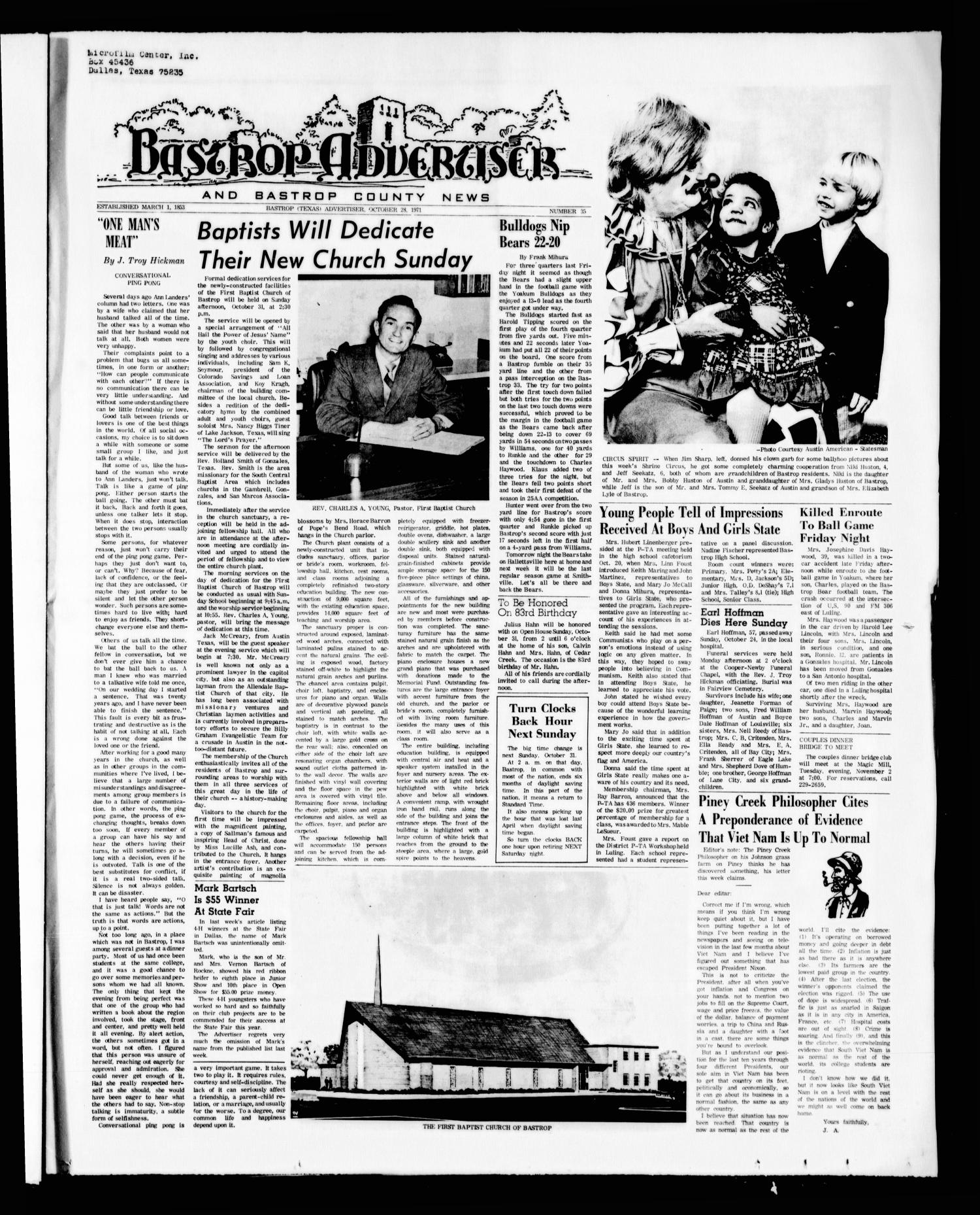 Bastrop Advertiser and Bastrop County News (Bastrop, Tex.), Vol. [118], No. 35, Ed. 1 Thursday, October 28, 1971
                                                
                                                    [Sequence #]: 1 of 12
                                                