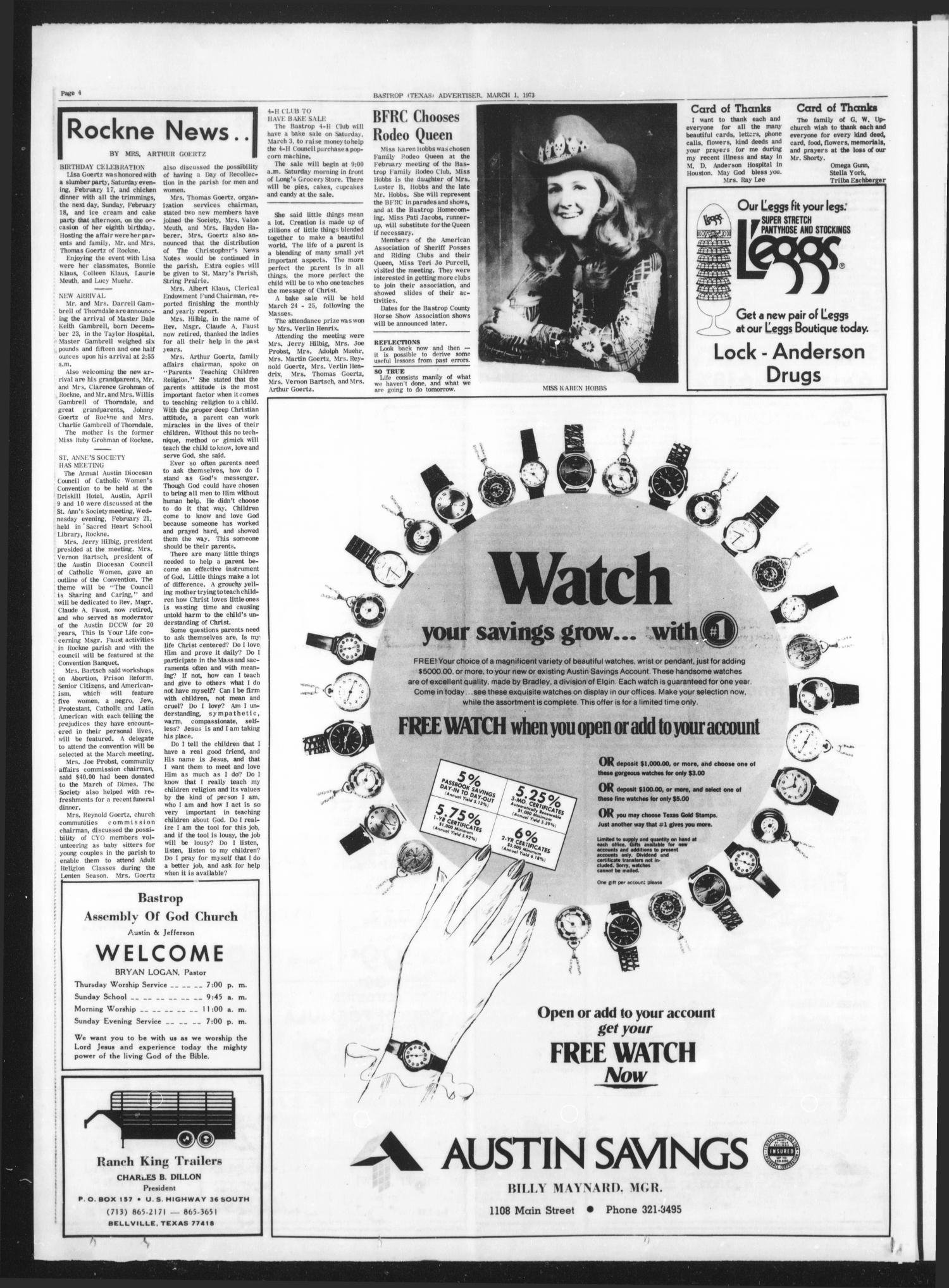 Bastrop Advertiser and Bastrop County News (Bastrop, Tex.), Vol. [120], No. 1, Ed. 1 Thursday, March 1, 1973
                                                
                                                    [Sequence #]: 4 of 14
                                                