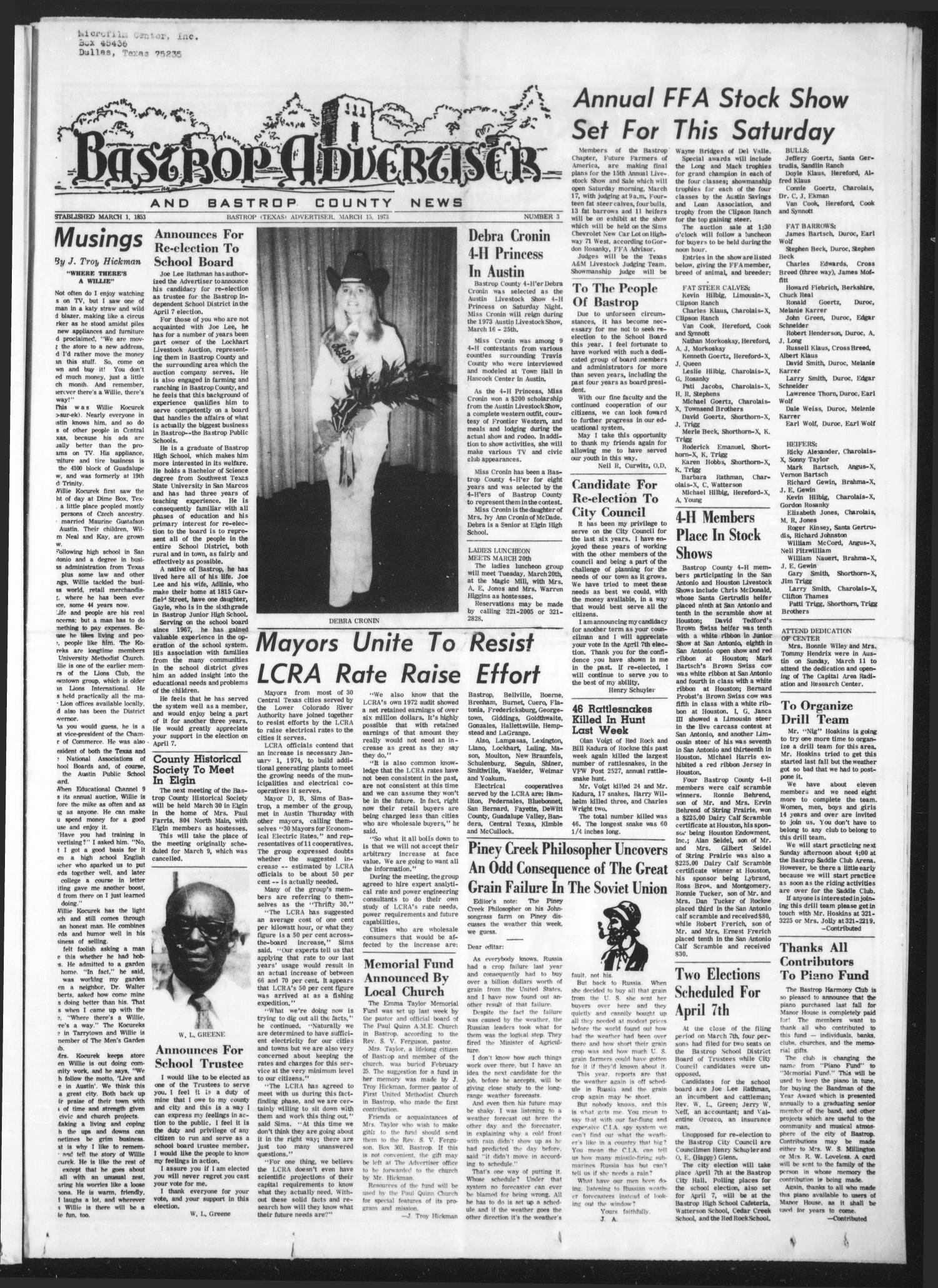 Bastrop Advertiser and Bastrop County News (Bastrop, Tex.), Vol. [120], No. 3, Ed. 1 Thursday, March 15, 1973
                                                
                                                    [Sequence #]: 1 of 10
                                                