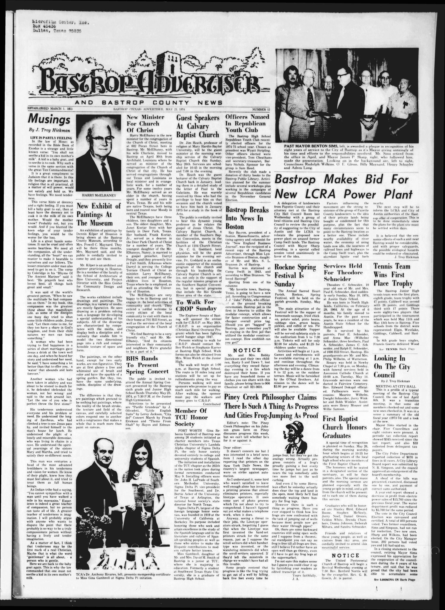 Bastrop Advertiser and Bastrop County News (Bastrop, Tex.), Vol. [121], No. 12, Ed. 1 Thursday, May 23, 1974
                                                
                                                    [Sequence #]: 1 of 12
                                                