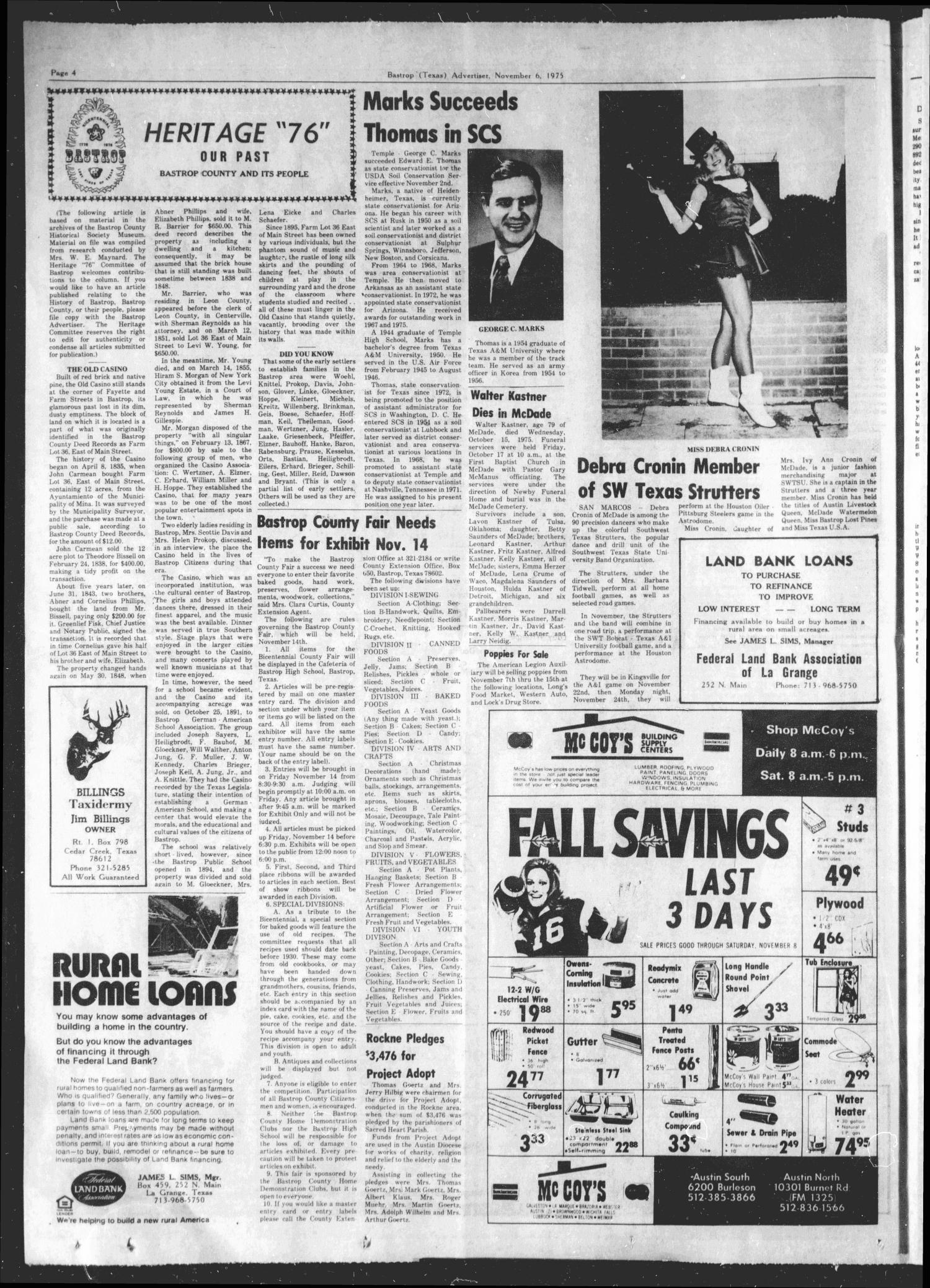 Bastrop Advertiser and Bastrop County News (Bastrop, Tex.), Vol. [122], No. 36, Ed. 1 Thursday, November 6, 1975
                                                
                                                    [Sequence #]: 4 of 16
                                                