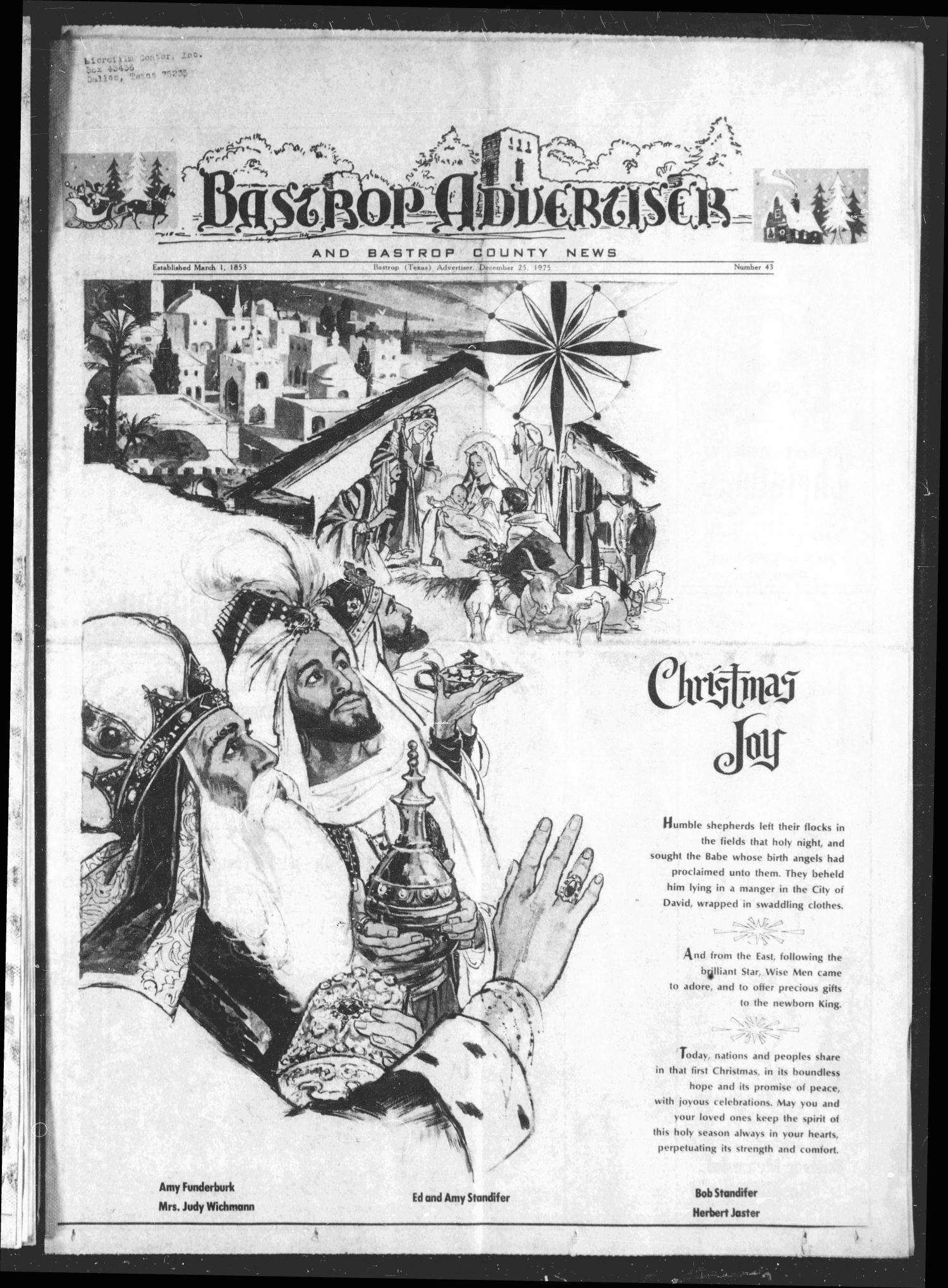 Bastrop Advertiser and Bastrop County News (Bastrop, Tex.), Vol. [122], No. 43, Ed. 1 Thursday, December 25, 1975
                                                
                                                    [Sequence #]: 1 of 26
                                                