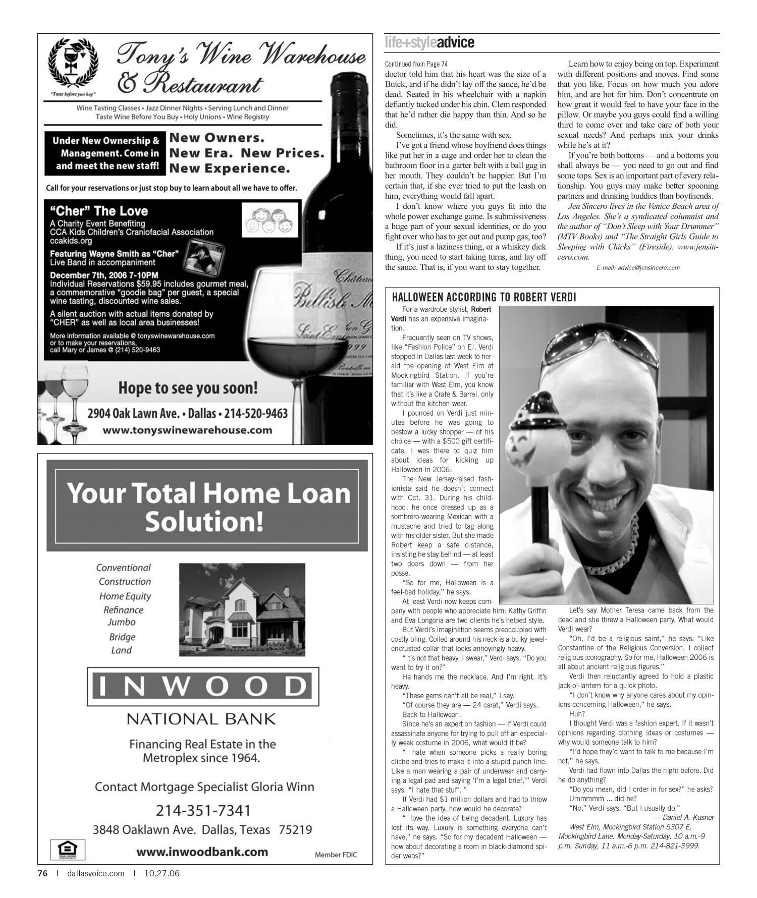 Dallas Voice (Dallas, Tex.), Vol. 23, No. 24, Ed. 1 Friday, October 27, 2006
                                                
                                                    [Sequence #]: 76 of 104
                                                