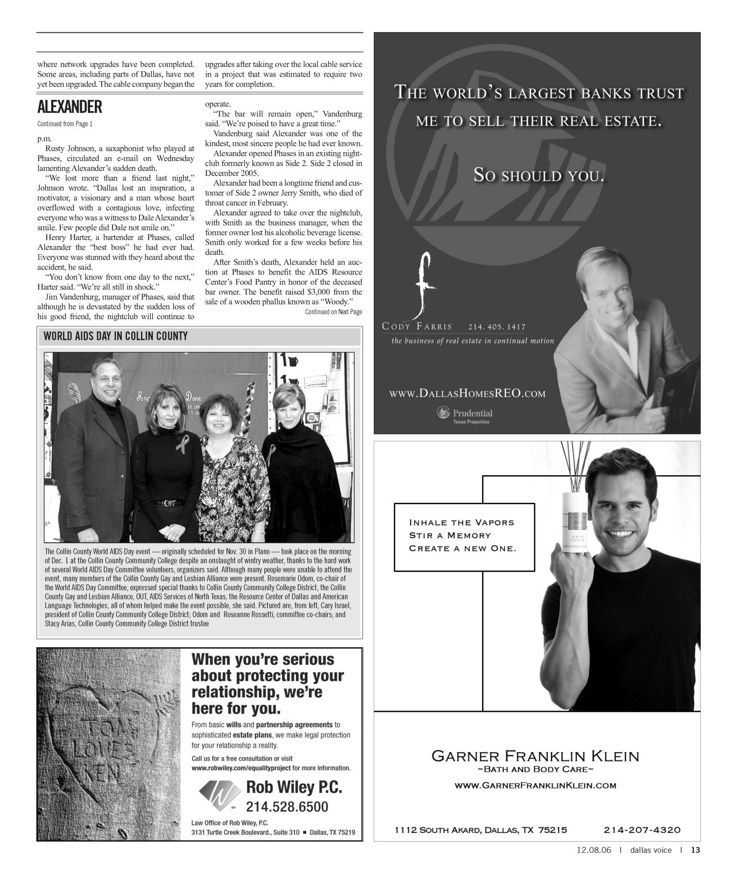 Dallas Voice (Dallas, Tex.), Vol. 23, No. 30, Ed. 1 Friday, December 8, 2006
                                                
                                                    [Sequence #]: 13 of 84
                                                