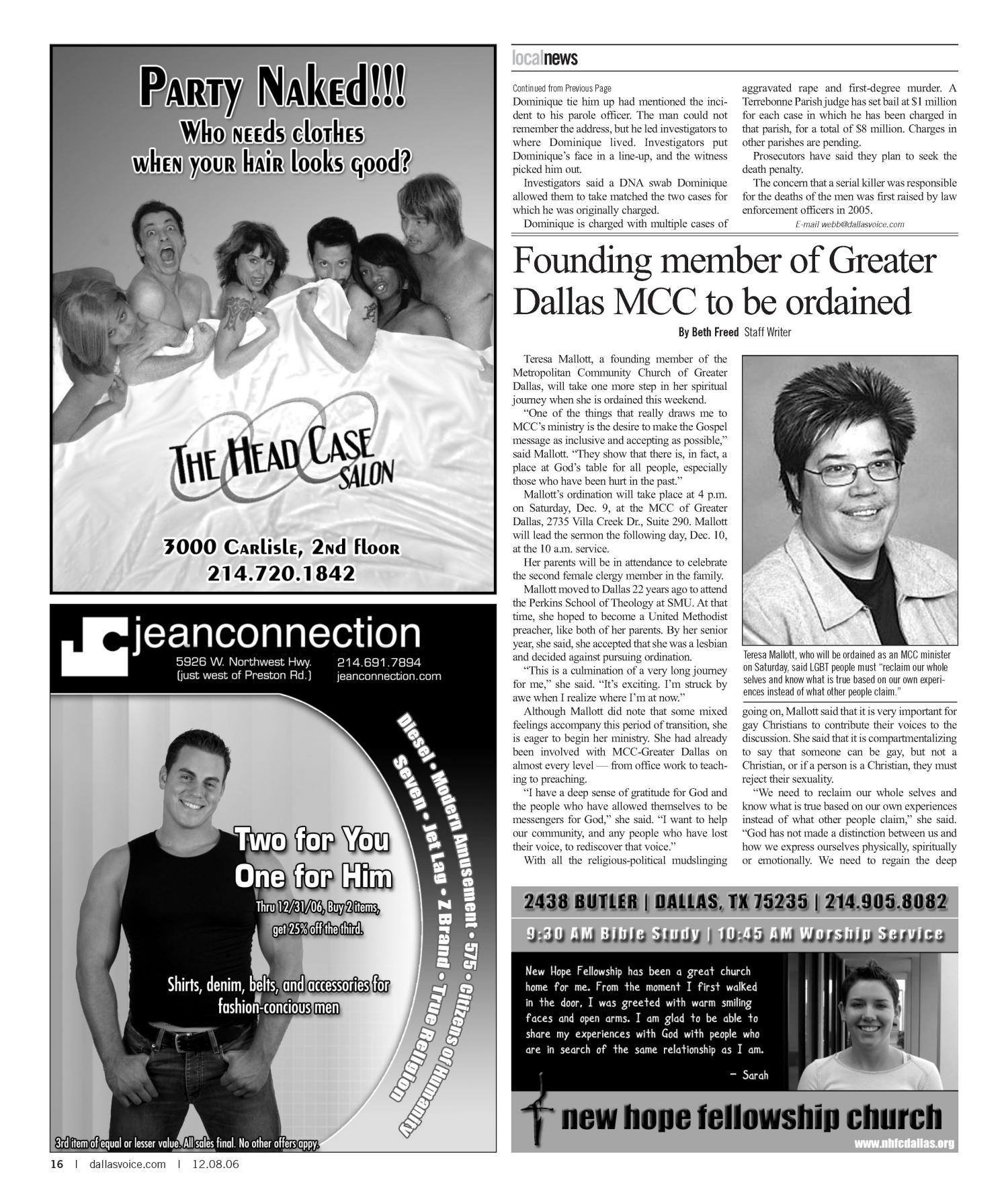 Dallas Voice (Dallas, Tex.), Vol. 23, No. 30, Ed. 1 Friday, December 8, 2006
                                                
                                                    [Sequence #]: 16 of 84
                                                