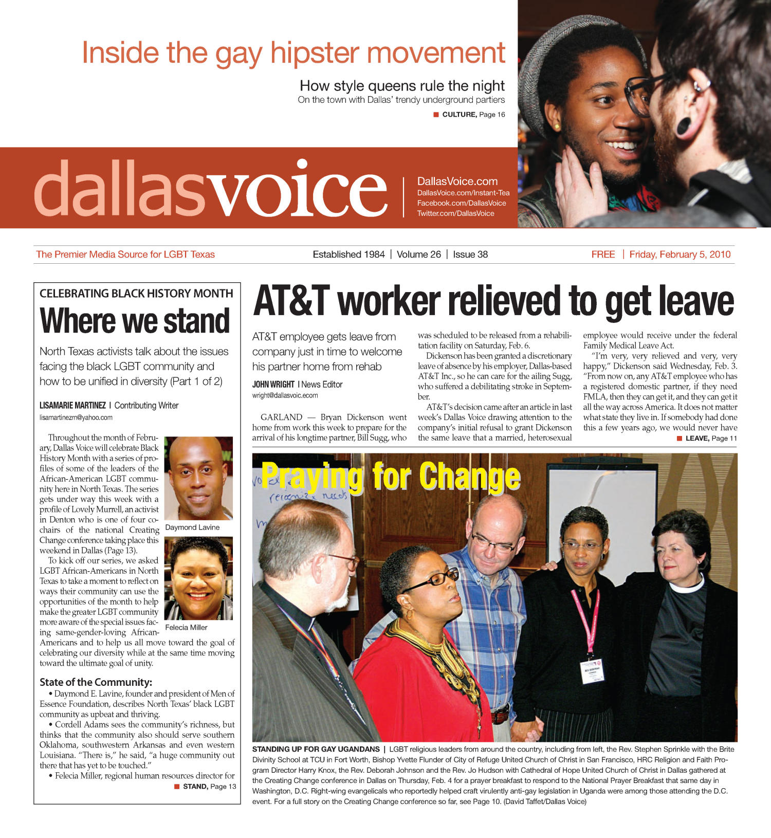 Dallas Voice (Dallas, Tex.), Vol. 26, No. 38, Ed. 1 Friday, February 5, 2010
                                                
                                                    [Sequence #]: 1 of 36
                                                