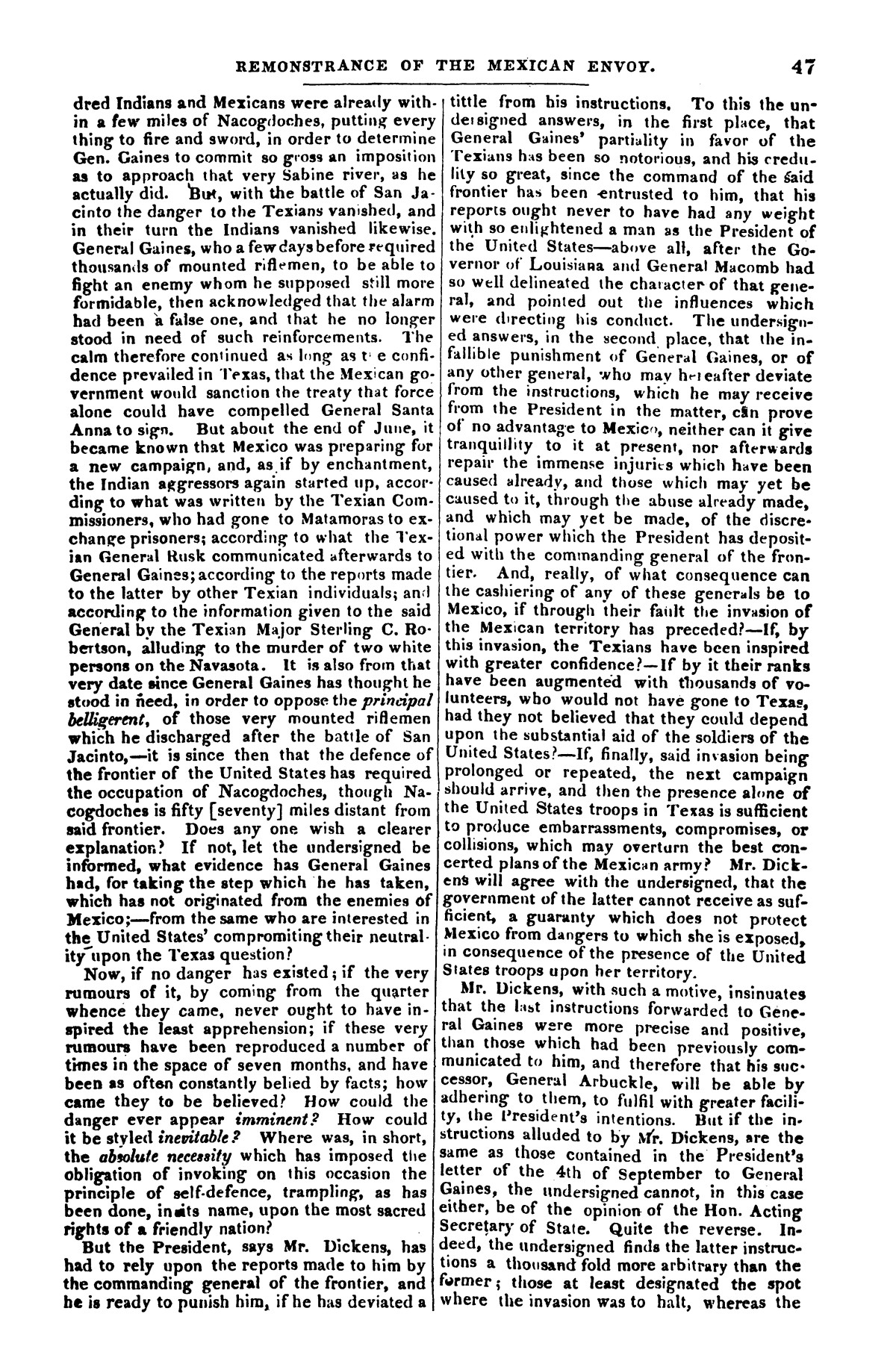 The War in Texas; A Review of Facts and Circumstances, showing that this contest is a Crusade Against Mexico, set on foot by Slaveholders, Land Speculators, &c. In Order to Re-Establish, Extend, and Perpetuate the System of Slavery and the Slave Trade.
                                                
                                                    [Sequence #]: 47 of 64
                                                