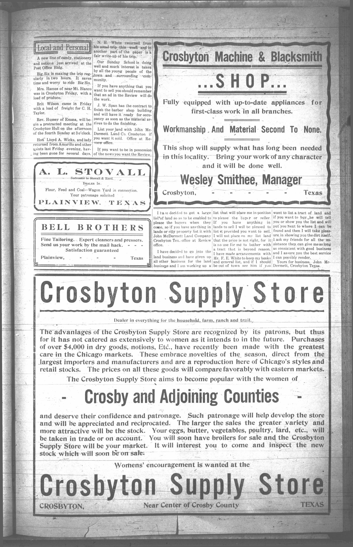 The Crosbyton Review. (Crosbyton, Tex.), Vol. 1, No. 14, Ed. 1 Thursday, April 15, 1909
                                                
                                                    [Sequence #]: 3 of 8
                                                